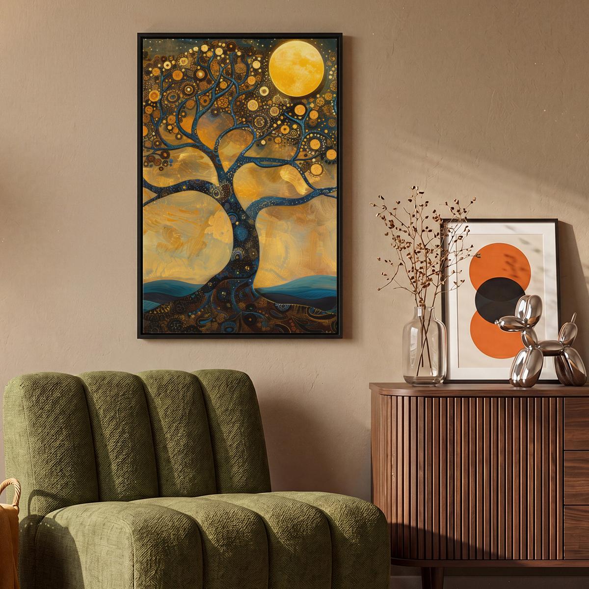 LEINWAND Bilder mit Rahmen - Baum - Mond - Blumen - Gold - Kunst - 60x90 - Orange, Textil (60/90cm) - MuchoWow