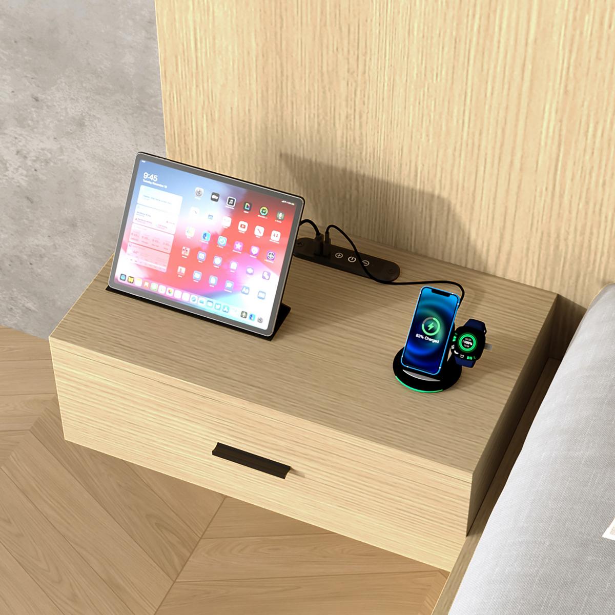 DOPPELBETT 180x200 Helle Eiche mit Stauraum, USB, Leselampe & 2 Nachttischen - Eichefarben, Holzwerkstoff (180/200cm) - Urban Meuble