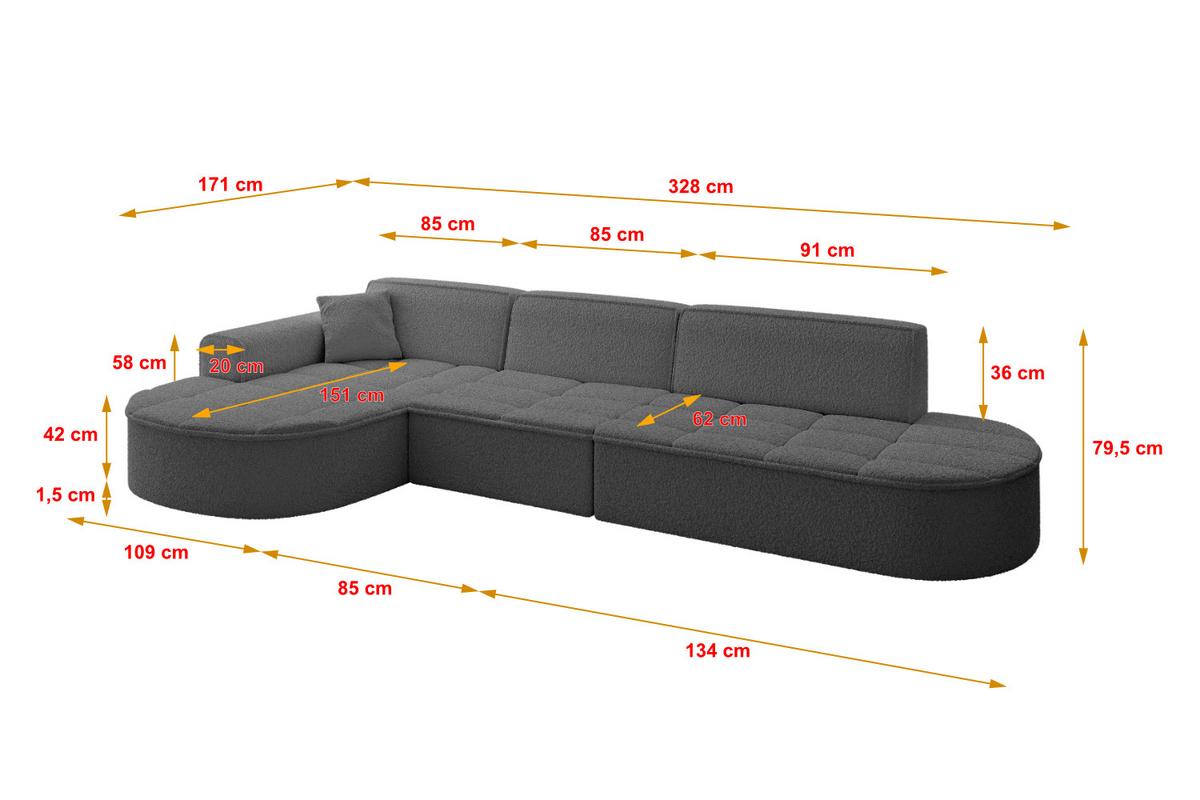 ECKSOFA Ottomane Links TARO-L2 - 328x171x79,5 cm Grau - Grau, Holzwerkstoff/Textil (328/171cm) - ALTDECOR