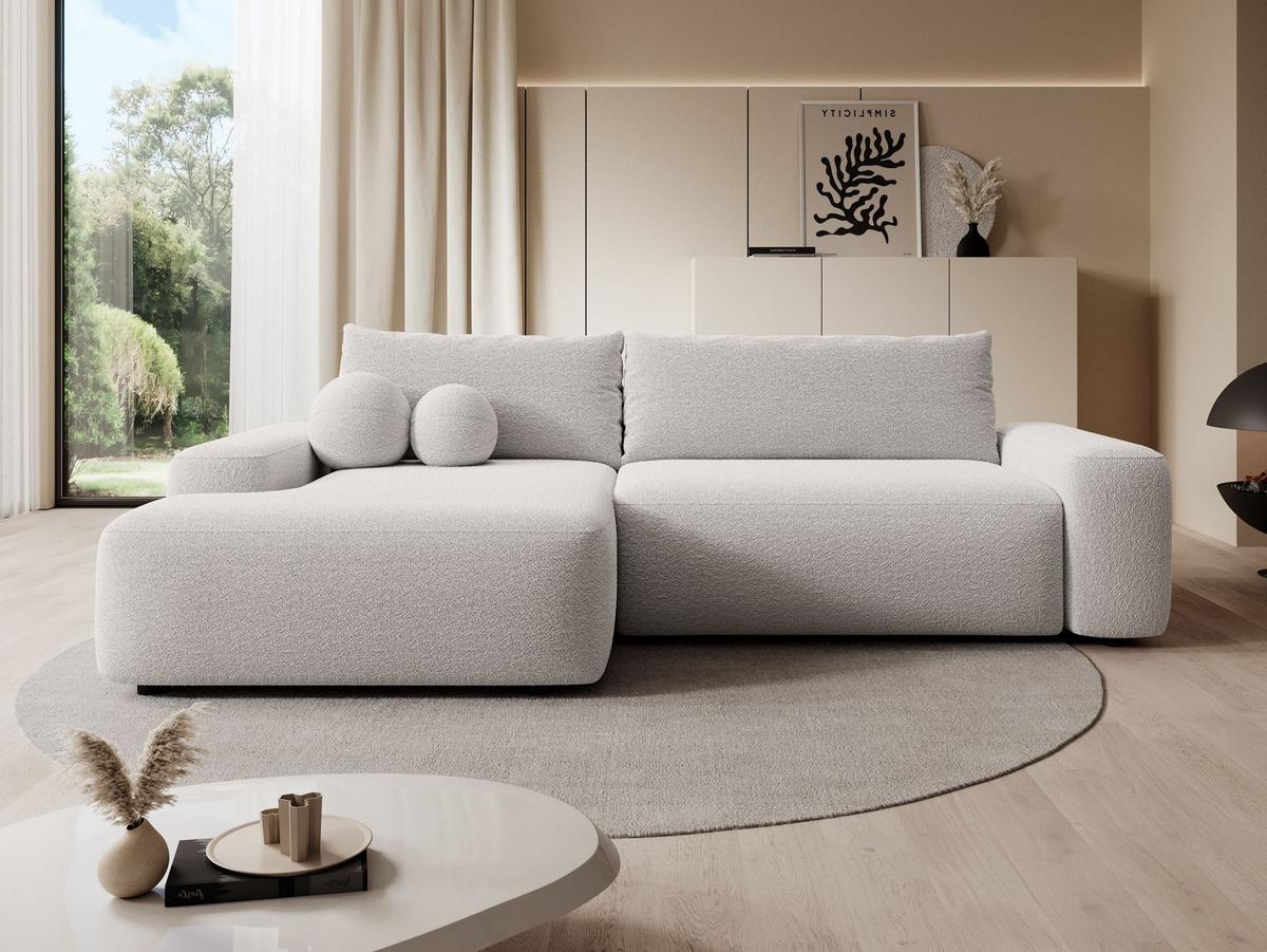 ECKSOFA RUOTA Grau Boucle-Stoff mit Schlaffunktion - Grau, Holz (264/162cm) - MASSENO