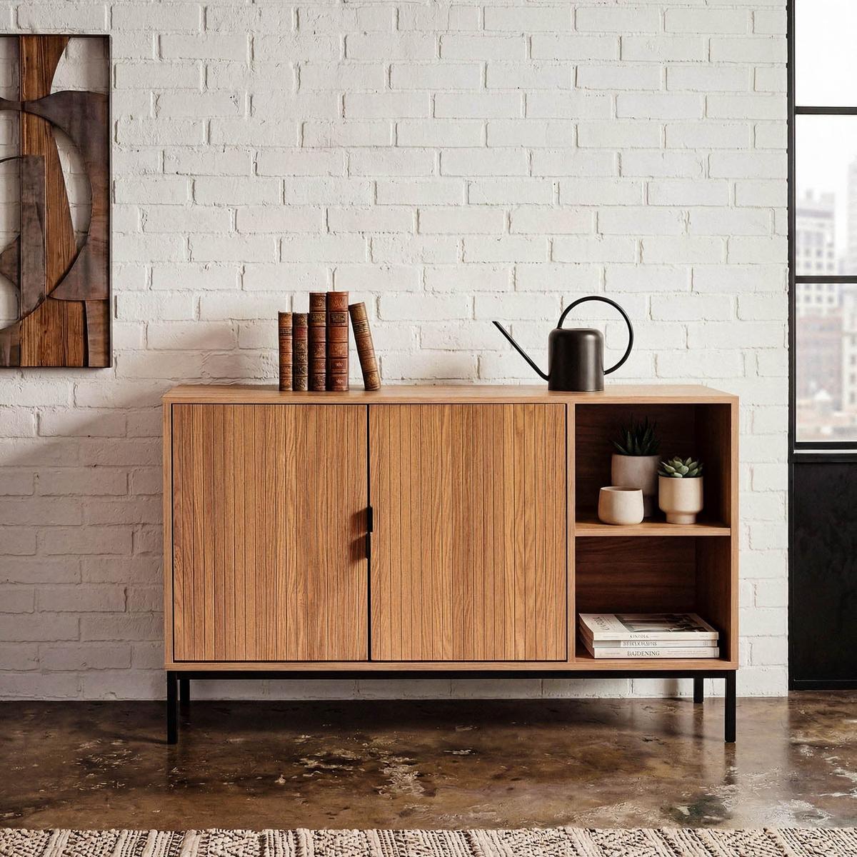 SIDEBOARD mit 2 türen und 2 offenen fächern in holzrillenoptik tara 40/72/110 cm - Eschefarben, Holzwerkstoff (110/72/46cm) - Calicosy
