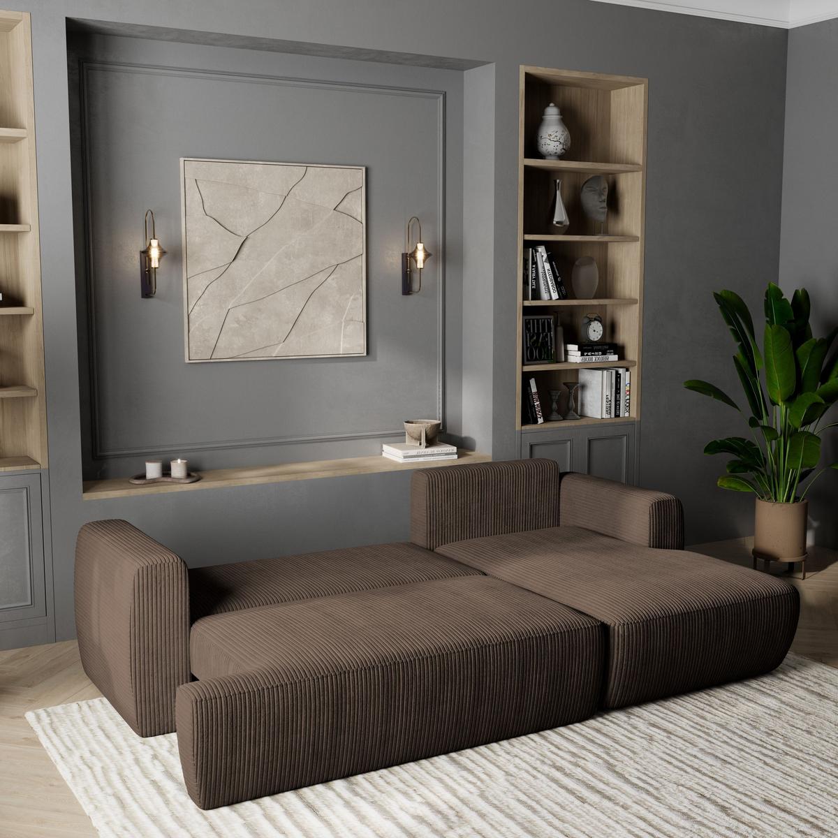 ECKSOFA SENTI P R-S Braun Kordstoff mit Schlaffunktion - Schwarz/Braun, Holz/Kunststoff (246/148cm) - MASSENO