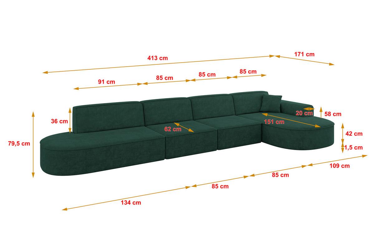 ECKSOFA Ottomane Rechts MARI-L3 - 413x171x79 cm Grün Velours - Schwarz/Grün, Holzwerkstoff/Kunststoff (171/413cm) - ALTDECOR