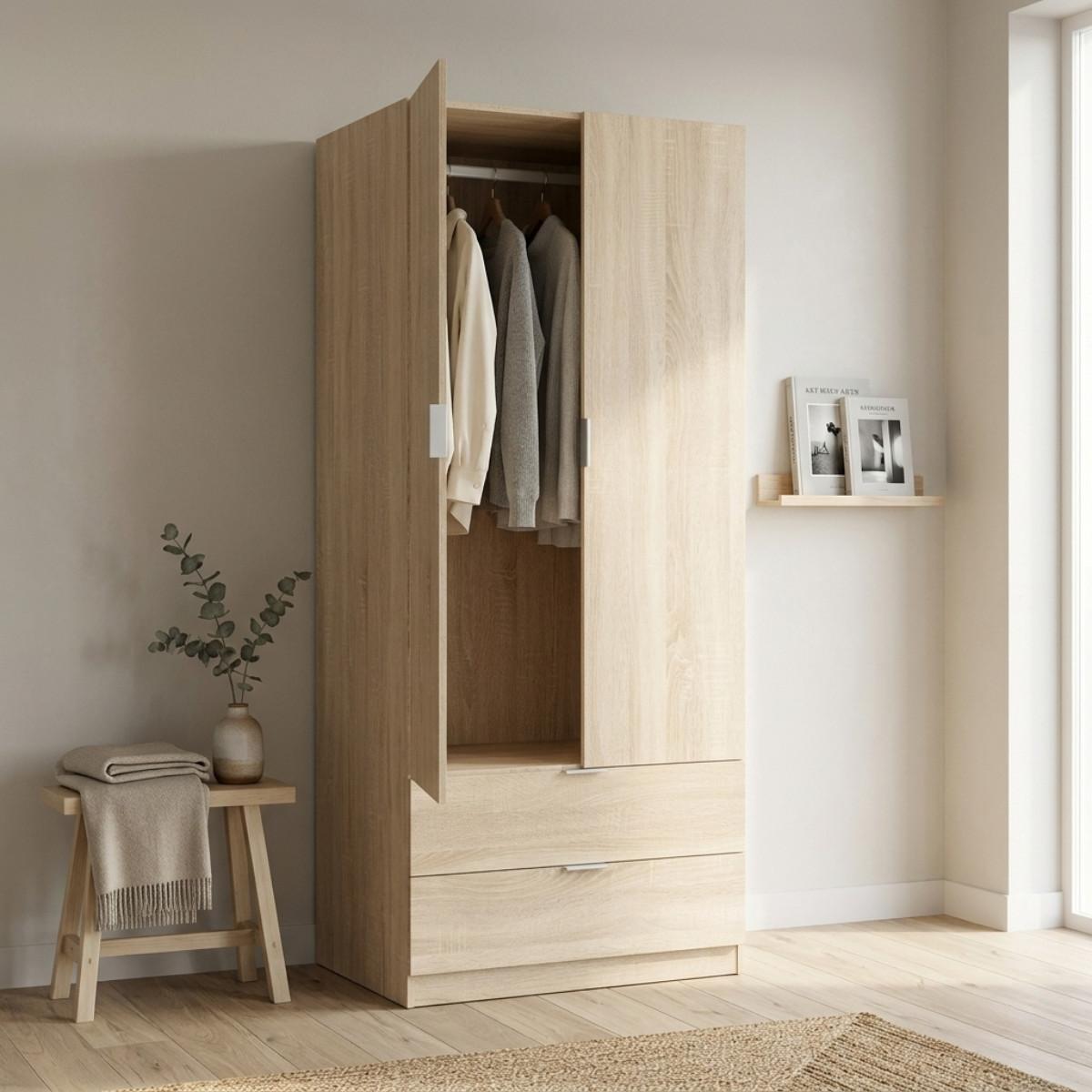 SCHRANK 2 Türen 2 Schubladen 81,2/180/52 cm - Eichefarben, Holzwerkstoff (81.2/180/51cm) - Calicosy