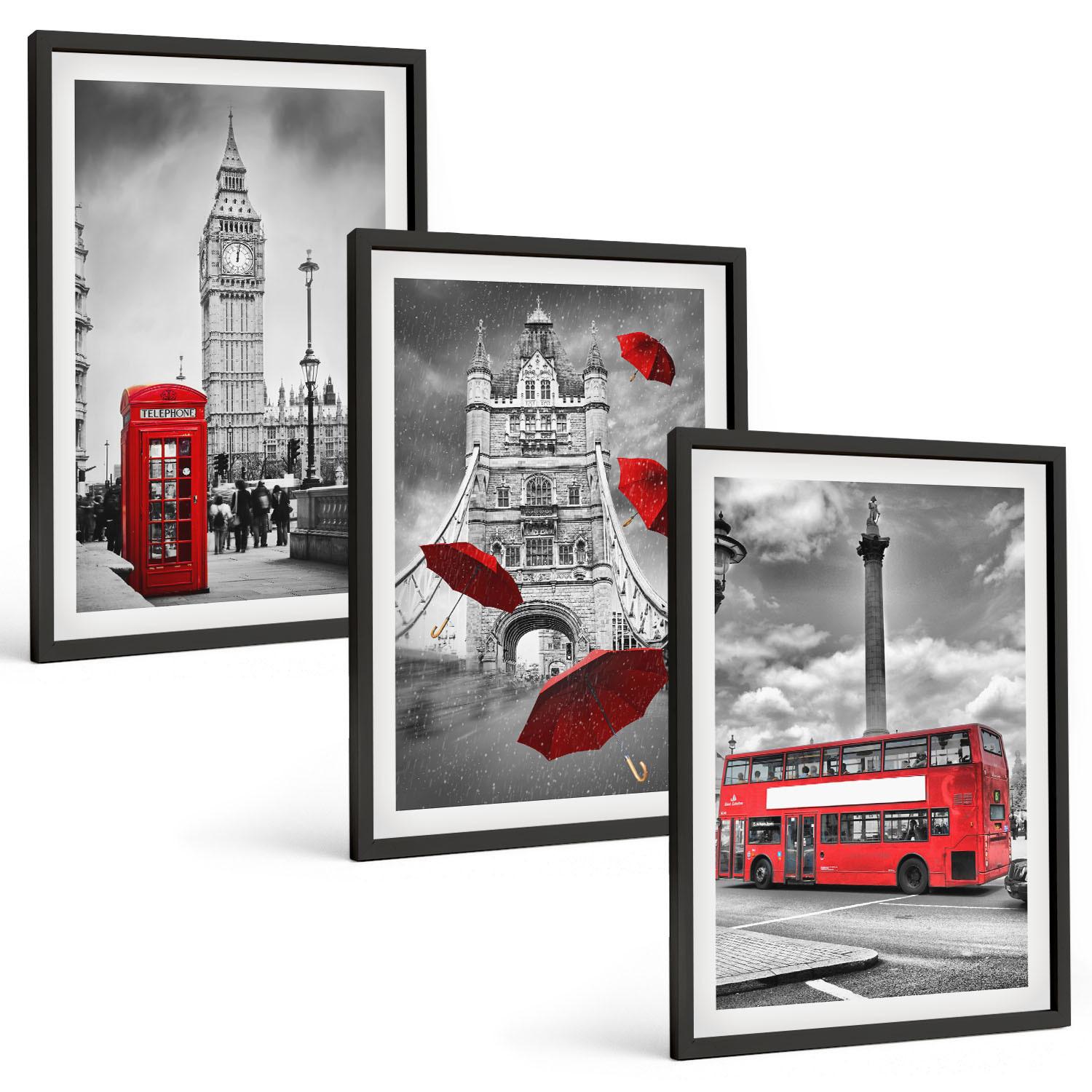 BILDER SET 3er Set - 40x60 cm Schwarzer Rahmen - Roter Regenschirmstand und Londoner Bus - Schwarz, Kunststoff (40/60cm) - TULUP