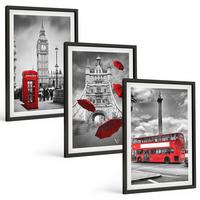 BILDER SET 3er Set - 40x60 cm Schwarzer Rahmen - Roter Regenschirmstand und Londoner Bus - Schwarz, Kunststoff (40/60cm) - TULUP