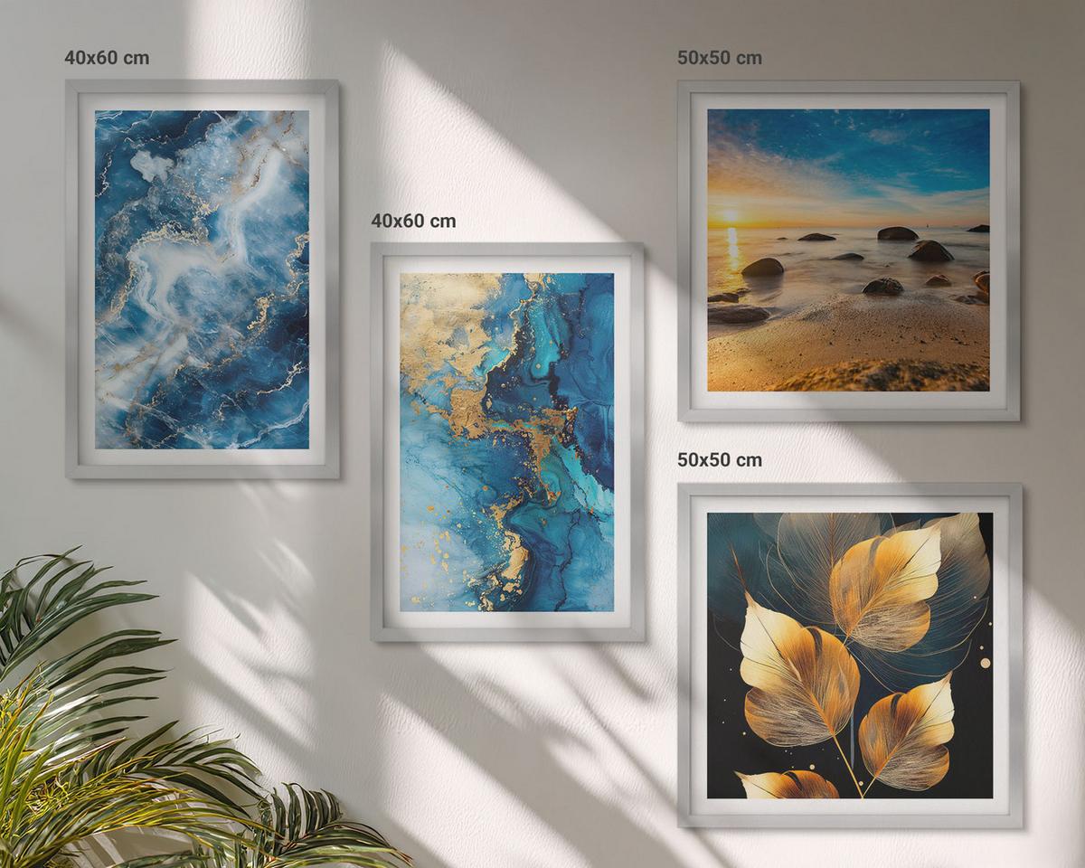 BILDER SET 4er Set - 50x50 cm & 40x60 cm Silberner Rahmen - Bilder mit blau-goldenen Mustern - Silberfarben, Kunststoff (50/50cm) - TULUP