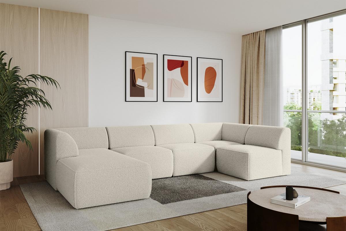 WOHNLANDSCHAFT Ottomane Links MOVO-L 345x180x78 cm Beige Bouclé - Hellbraun, Holzwerkstoff/Kunststoff (345/78/180cm) - ALTDECOR