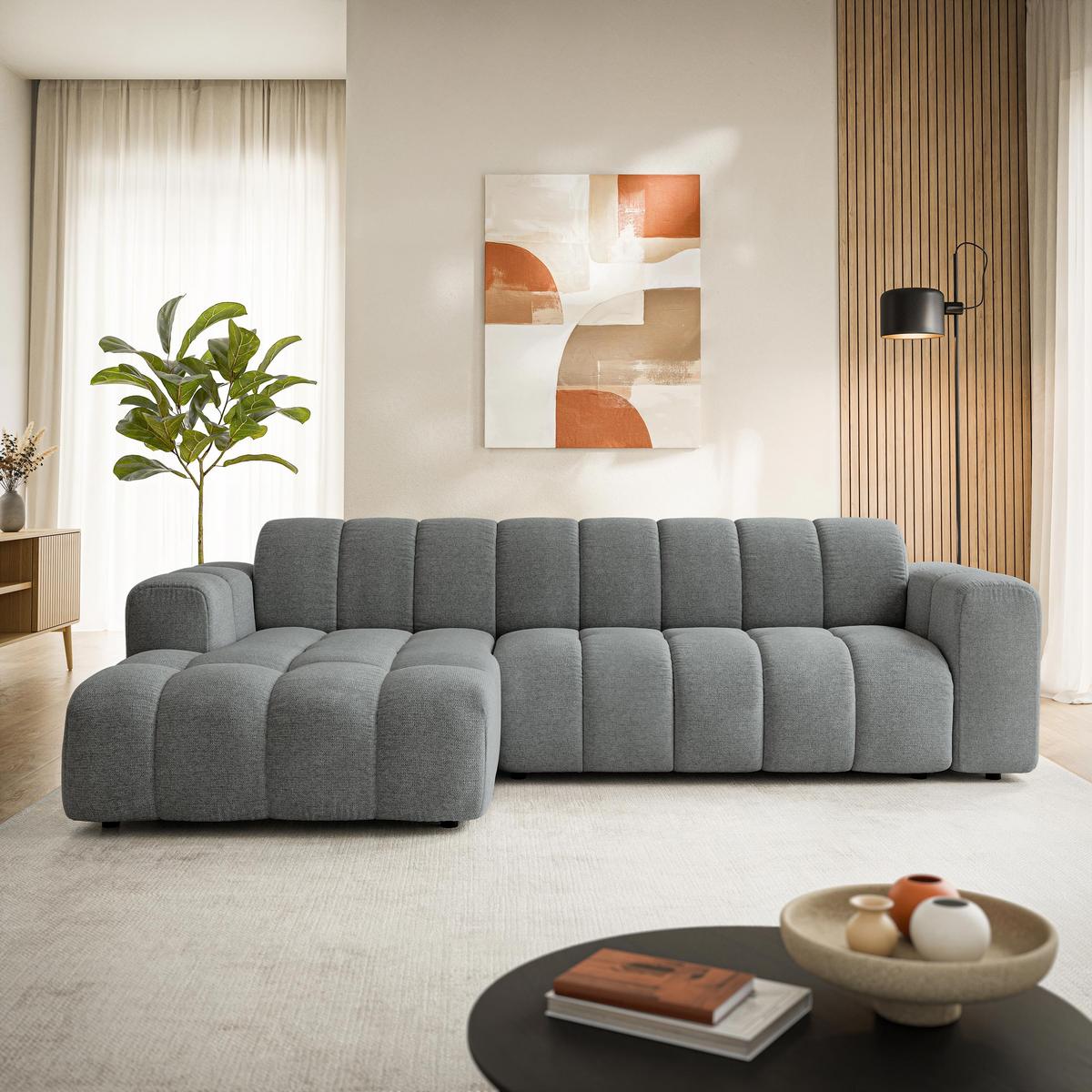 ECKSOFA SETIA Grau Strukturstoff mit Schlaffunktion - Grau, Holz (304/165cm) - MASSENO