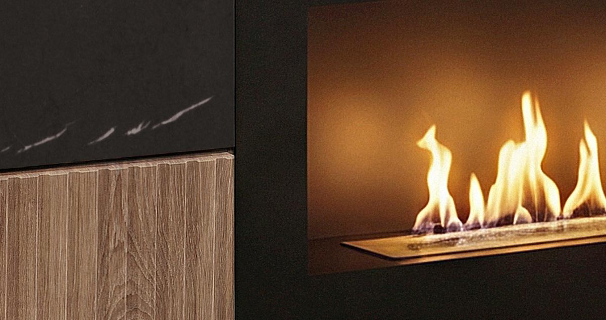 TV-LOWBOARD schwarz, Vicking Eiche, Marmor schwarz 160 x 42 cm, TV Unterteil mit Ethanol Kamin - Eichefarben/Schwarz, Holzwerkstoff/Kunststoff (160/42/45cm) - Inn.Furn