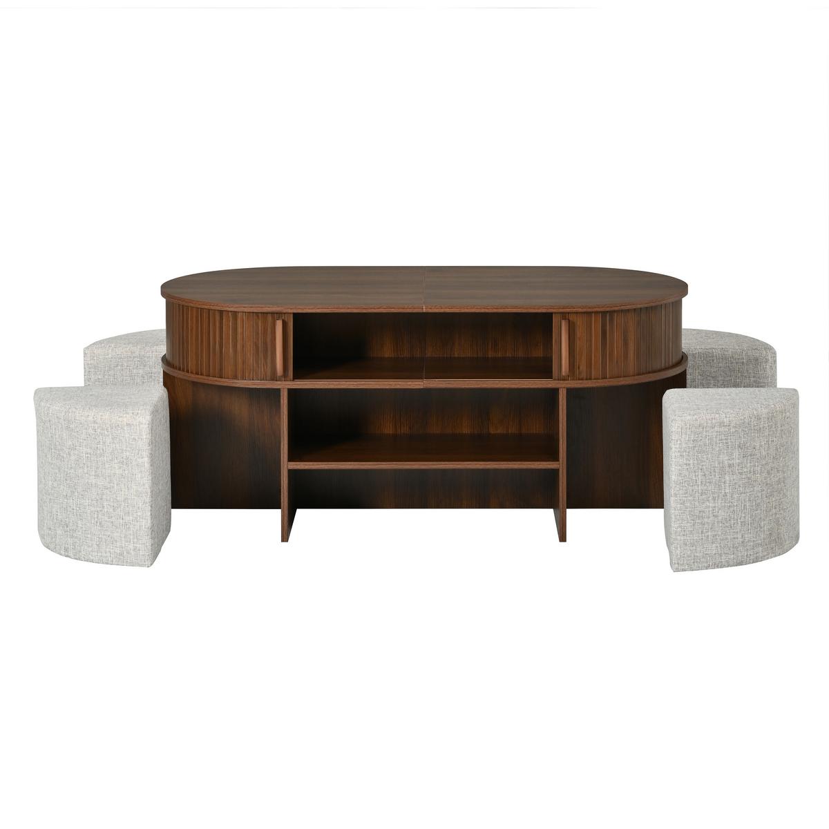 COUCHTISCH Oval Nussbaum mit Stoffhockern Schiebetüren & Rillenoptik - Walnussfarben, Holzwerkstoff (60/120/51.5cm) - Urban Meuble