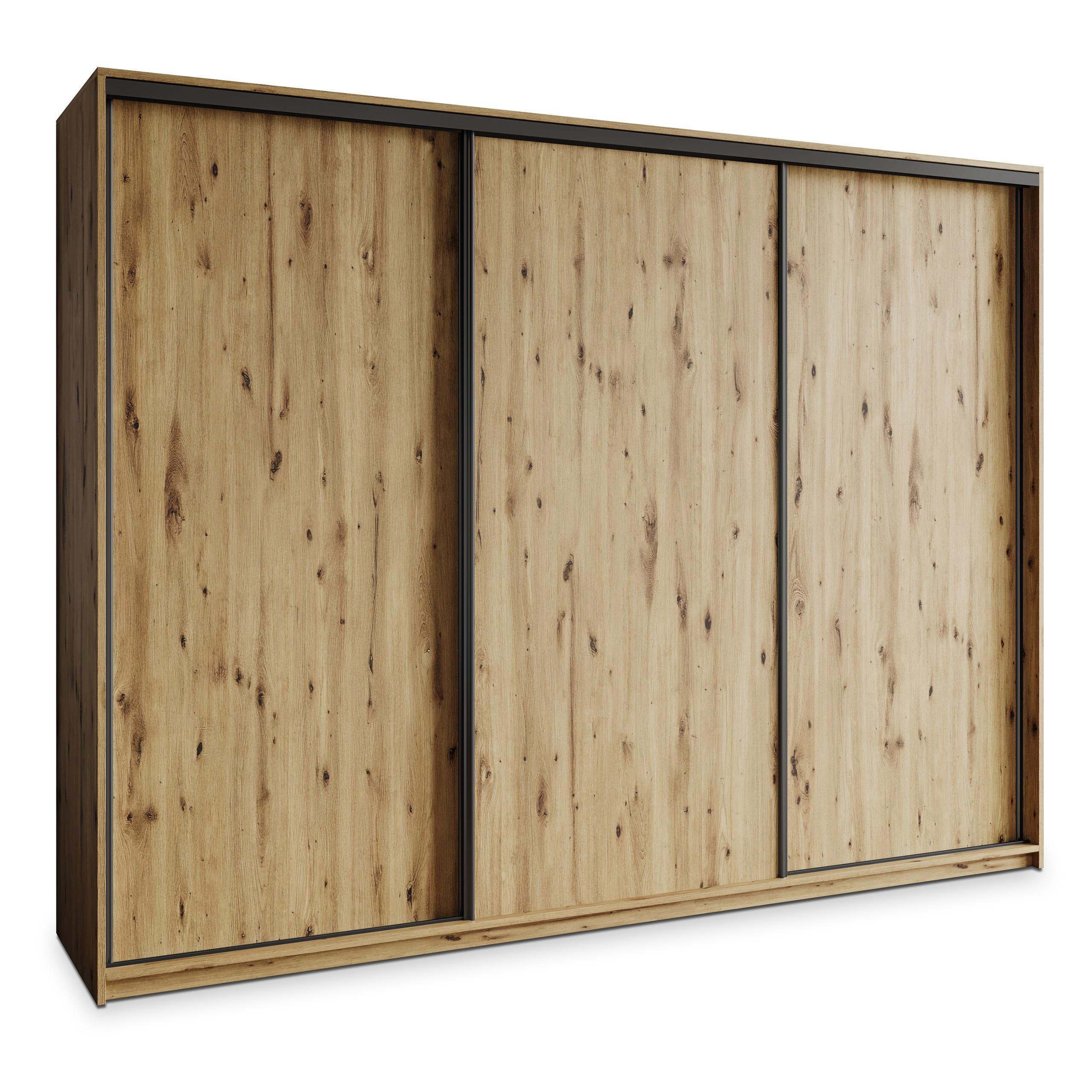 SCHWEBETÜRENSCHRANK NISSE 250/205/60 cm 3-türig mit Schubladen Eiche Artisan - Schwarz/Eiche Artisan, Holzwerkstoff (250/205/60cm) - MASSENO