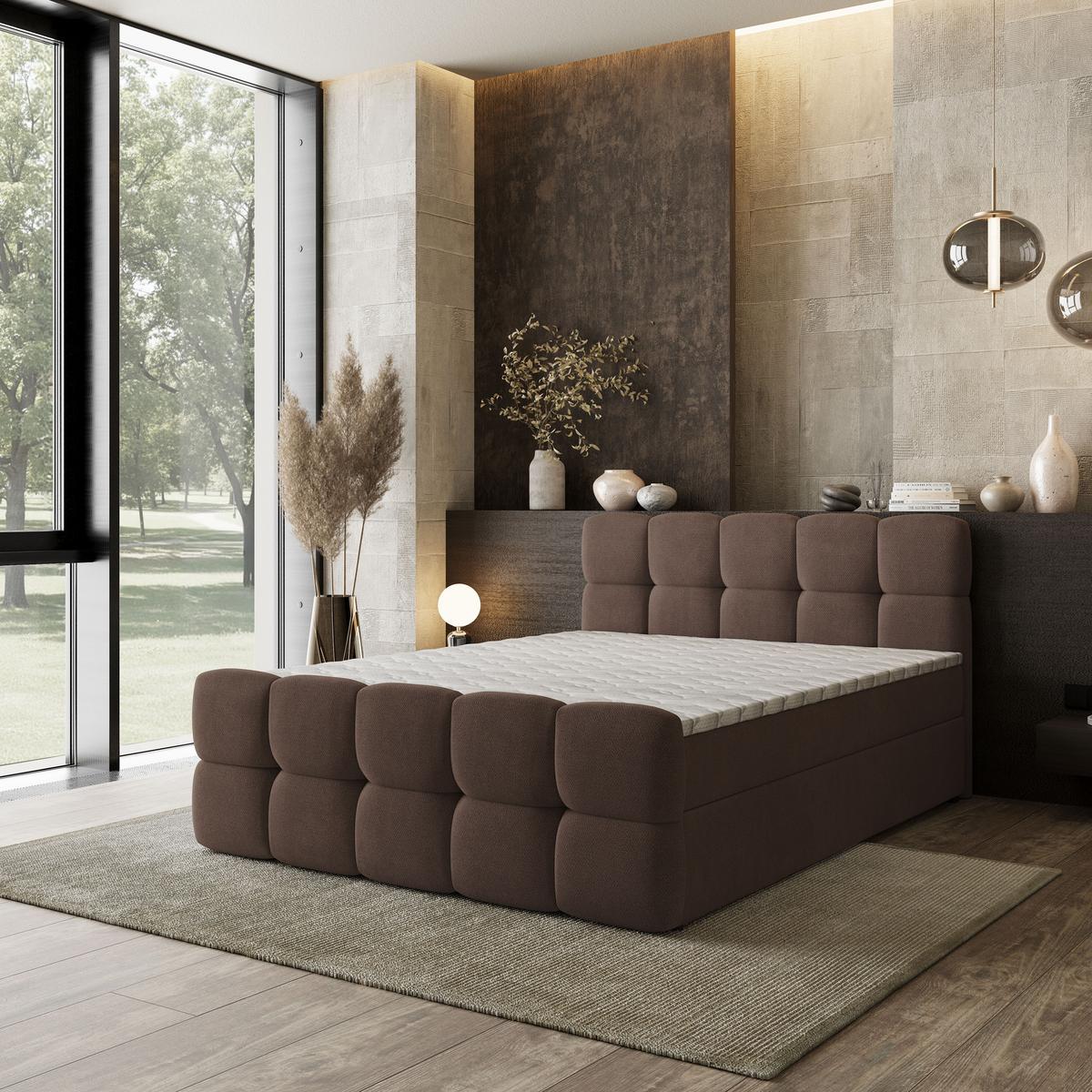 BOXBETT BRUME 200x200 cm mit Matratze und Topper, H2+H3 - Braun - Braun, Holz (200/200cm) - MASSENO