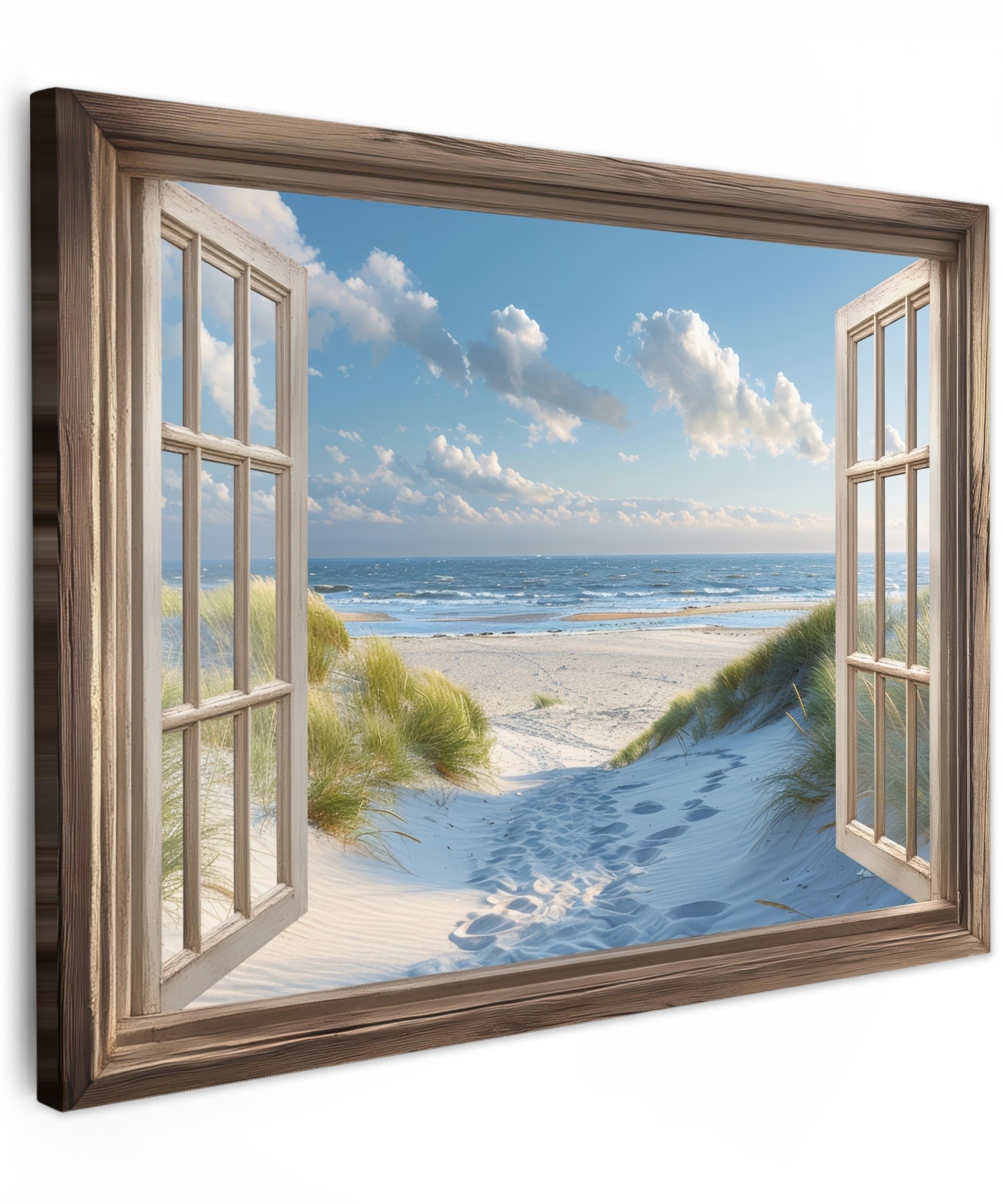LEINWANDBILD Aussicht - Strand - Fenster - Dünen - Meer Wandbild 40x30 cm - Hellblau, Textil (40/30cm) - MuchoWow