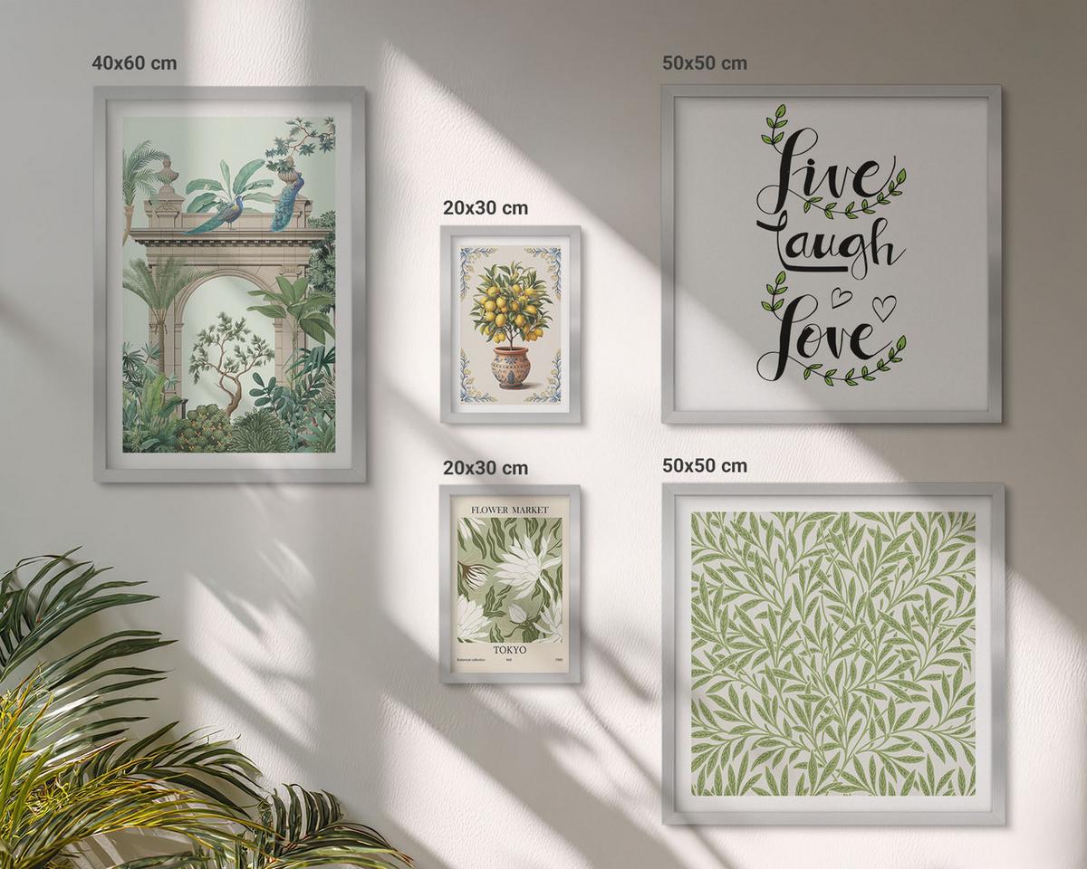BILDER SET 5er Set - 50x50 cm & 20x30 cm & 40x60 cm Silberner Rahmen - Grüne Blätter exotischer Pflanzen - Silberfarben, Kunststoff (40/60cm) - TULUP