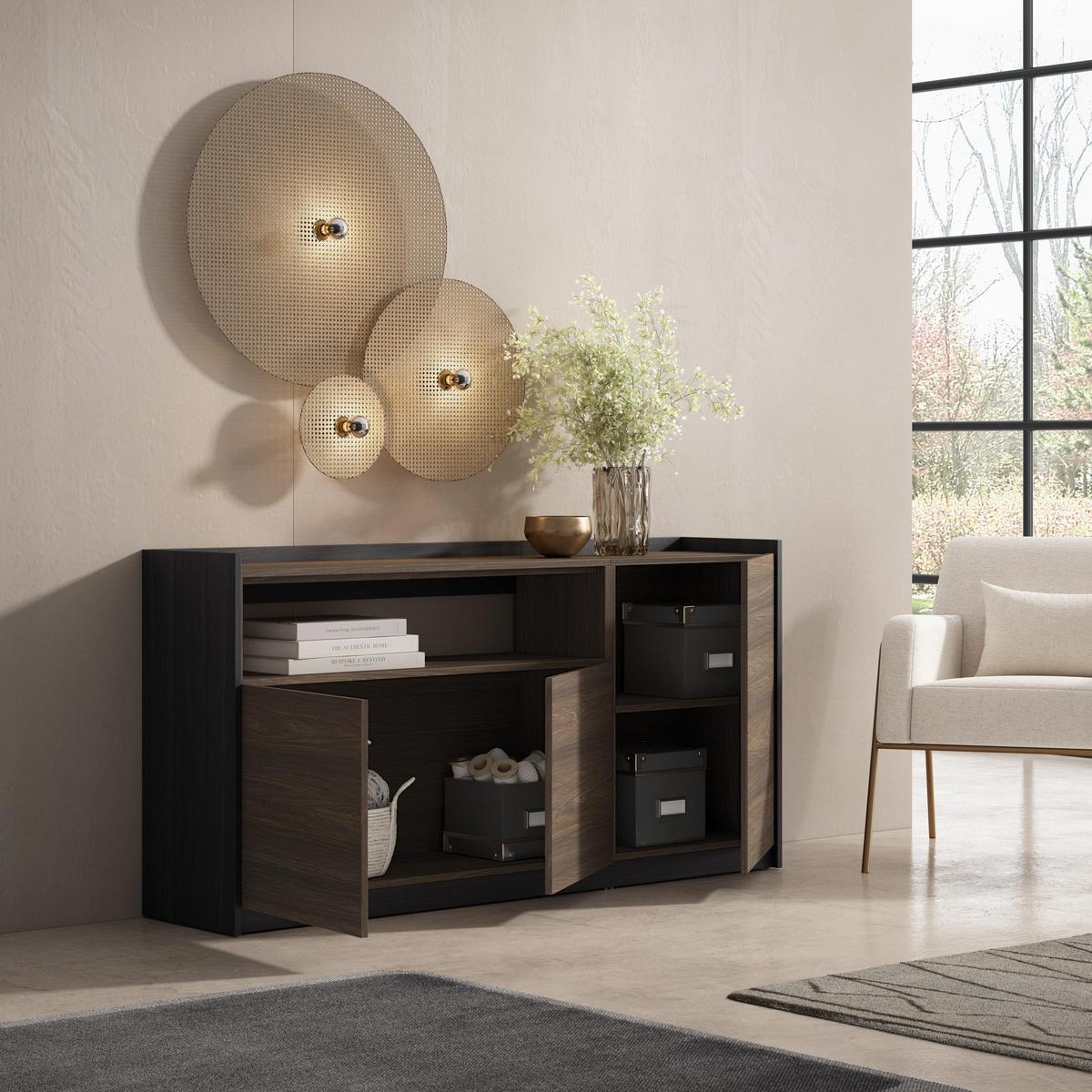 SIDEBOARD, Highboard, Dunkler Eiche und Schwarz, 156/37/80cm - Hellbraun, Holzwerkstoff (156/80/37cm) - Skraut Home