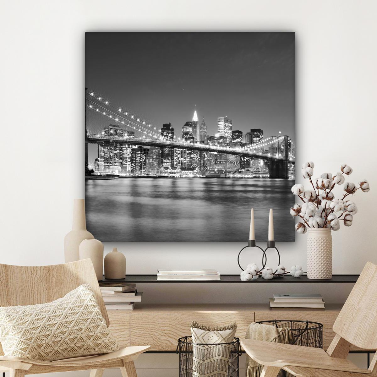 LEINWANDBILD New York - Brücke - Brooklyn - Schwarz und weiß - Architektur Deko Groß 90x90 cm - Schwarz, Textil (90/90cm) - MuchoWow