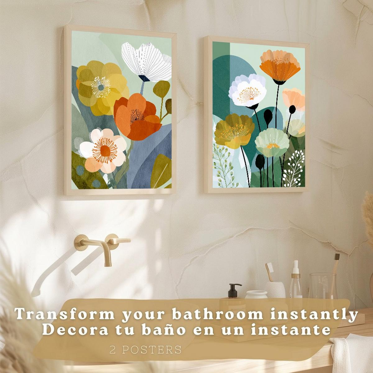 POSTER 2er-Set dekorative Badezimmerdrucke, moderne florale Wandposter für Waschbecken, Dusche, abstrakte florale, nordischer Stil Rahmenlos A3 - Klar, Papier (42/29.7/3cm) - Nacnic