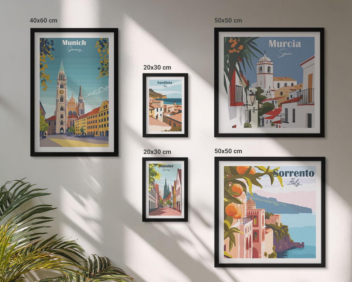 BILDER SET 5er Set - 50x50 cm & 20x30 cm & 40x60 cm Schwarzer Rahmen - Retro-Stadtillustrationen - Schwarz, Kunststoff (40/60cm) - TULUP