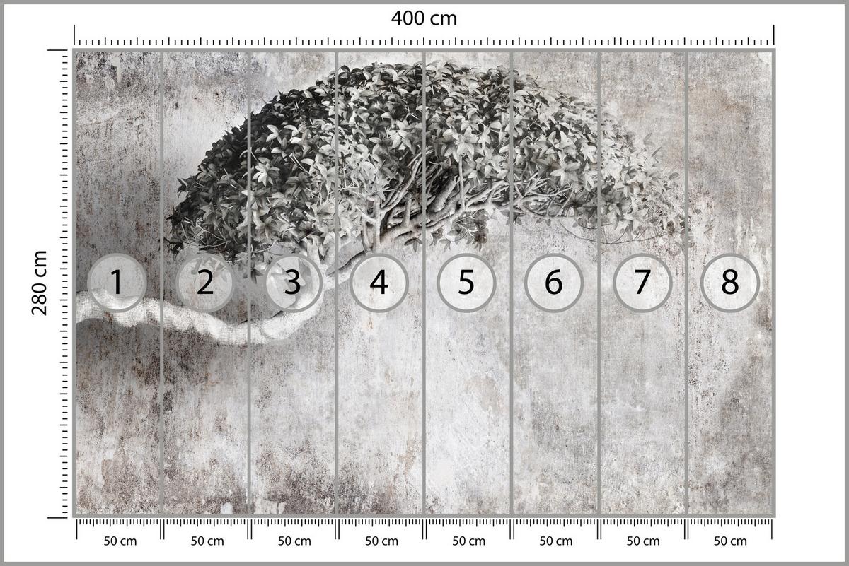 FOTOTAPETE Abstrakter Baum Beton 3D Effekt 400x280 - Schwarz/Grau, Papier (400/280cm) - Muralo