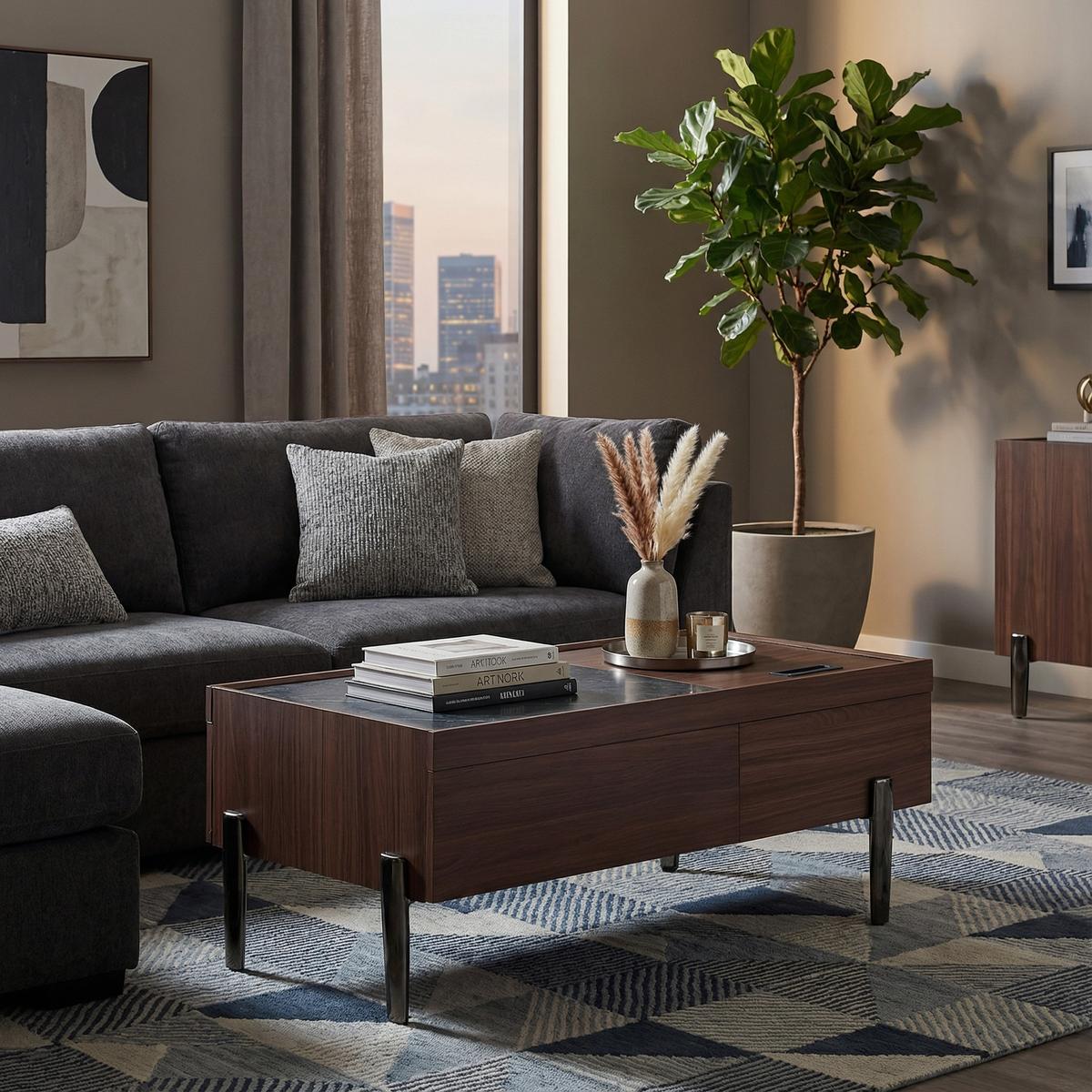 COUCHTISCH in Dunkelbraun & Marmor-Optik - Weiß, Holzwerkstoff (50/105/42cm) - Urban Meuble