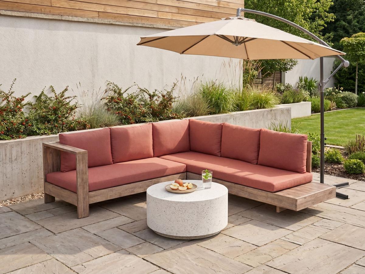 GARTENECKSOFA 5-Sitzer zertifiziertes Akazienholz rechtsseitig Rot Marettimo - Hellbraun/Rot, Holz (225/64/212cm) - Beliani