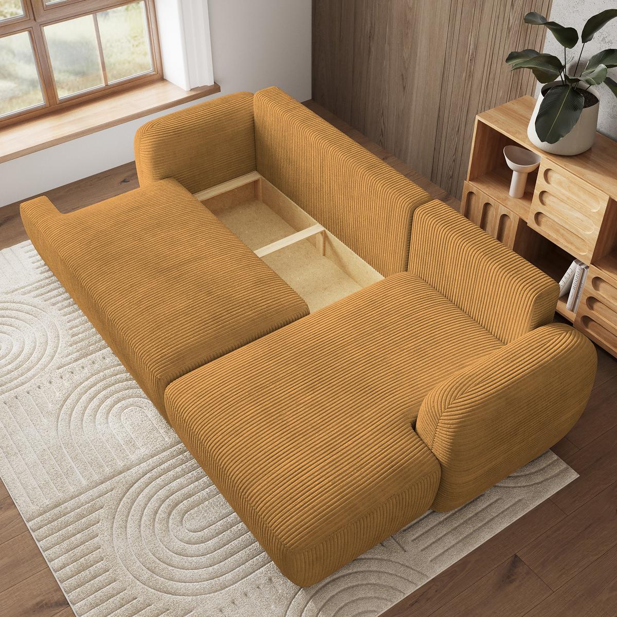 ECKSOFA MODENZA P R-S Gelb Kordstoff mit Schlaffunktion - Gelb/Schwarz, Holz/Kunststoff (266/148cm) - MASSENO