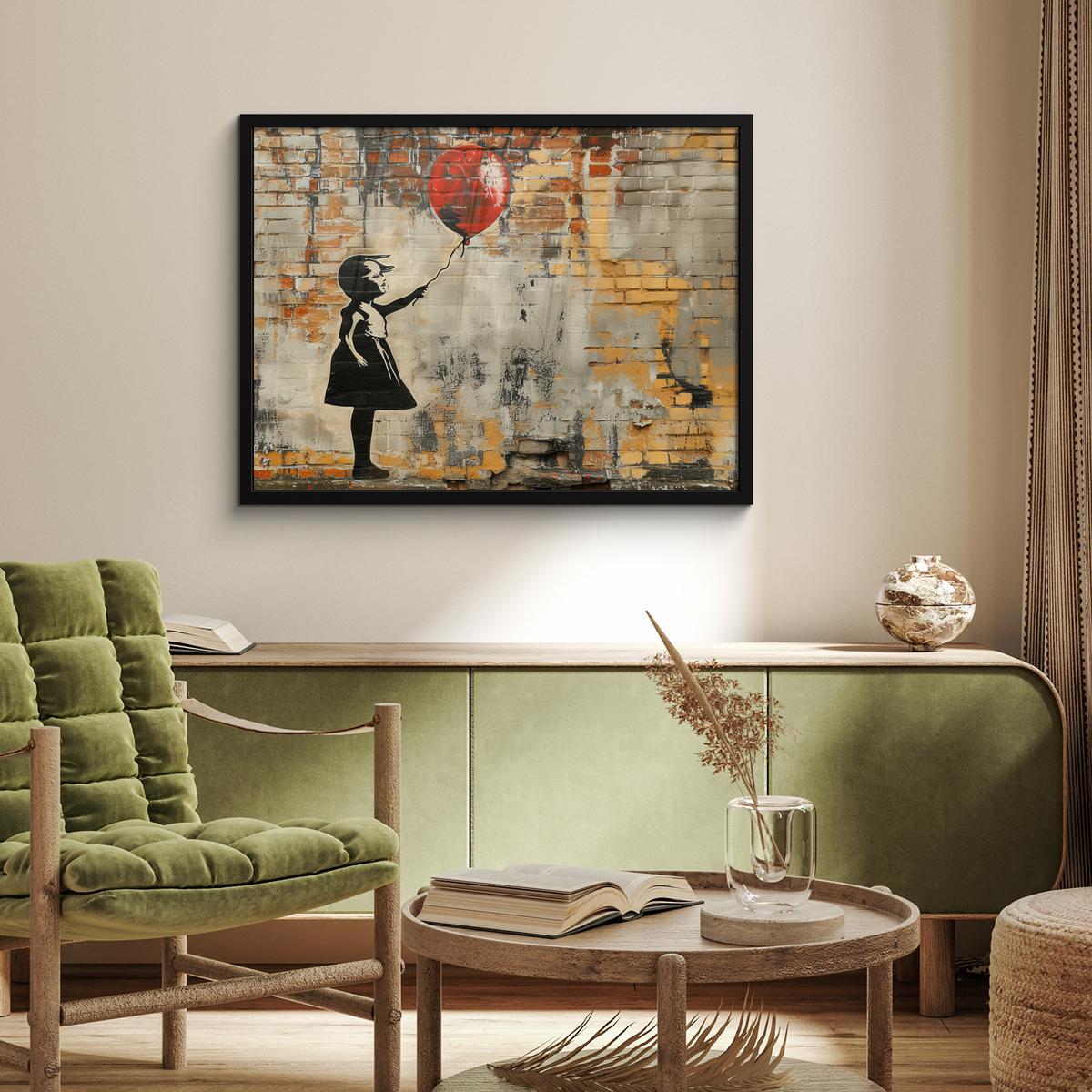 POSTER MIT RAHMENGERAHMTES BILD Graffiti - Banksy - Mädchen - Straßenkunst 80x60 cm - Sandfarben, Papier (80/60cm) - MuchoWow