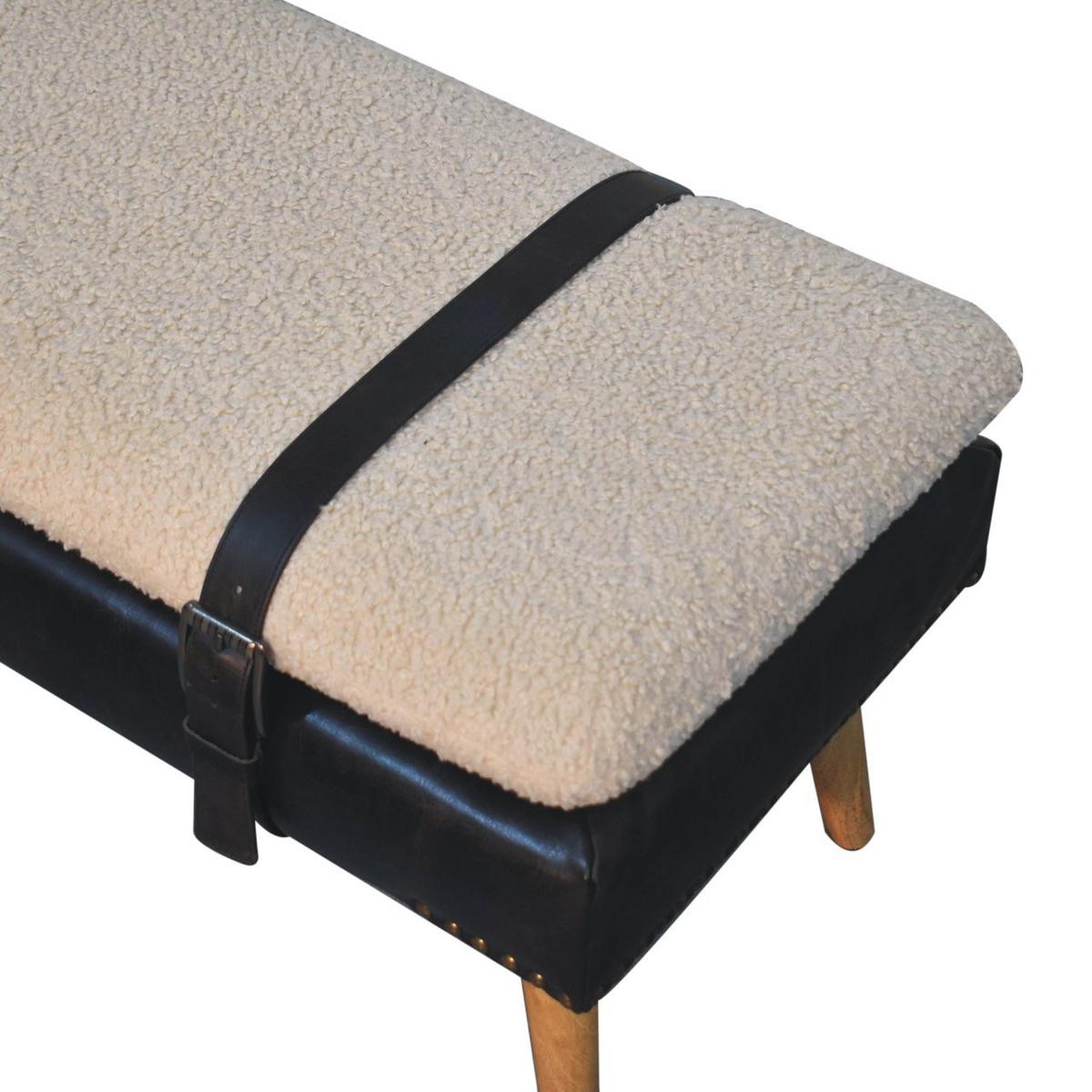 BANK Bouclé Büffelleder Schwarz, Gürtelriemen-Design, Braun - Braun, Holz (90/40/35cm) - Artisan Furniture