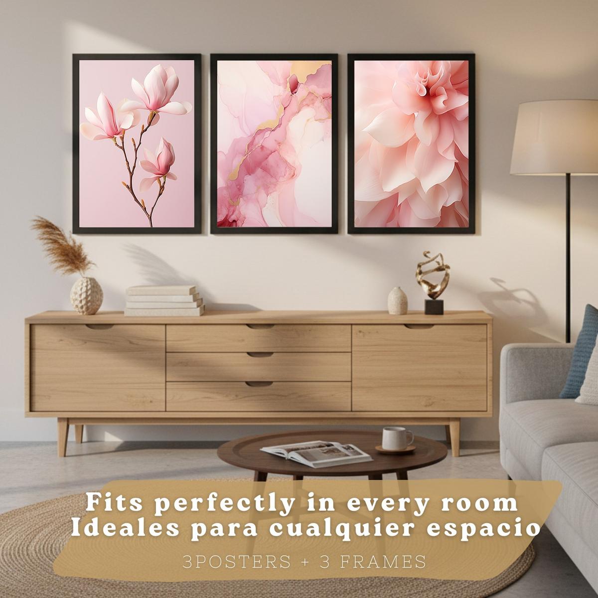 POSTER 3er-Set Wandbilder Orchidee Marmor modern Wohnzimmer Deko, Schlafzimmer, Küche, Badezimmer Schwarzer Rahmen A3 - Schwarz, Papier (29.7/1/42cm) - Nacnic