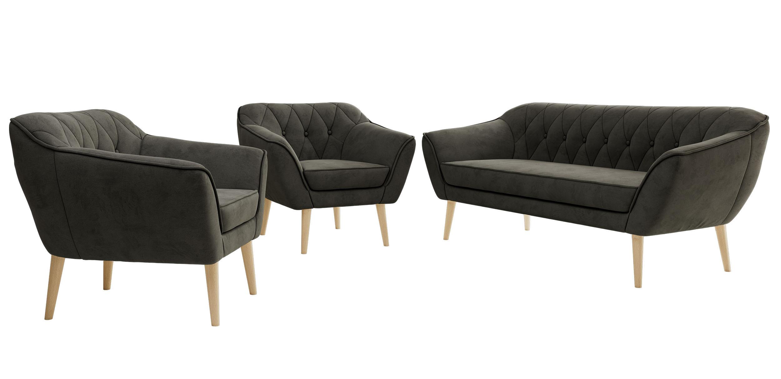 SITZGARNITUR PIRS 3+1+1 - Dunkelgrau Velvet - Holzbeine - Dunkelgrau/Buchefarben, Holzwerkstoff/Textil (180/75/74cm) - MKS