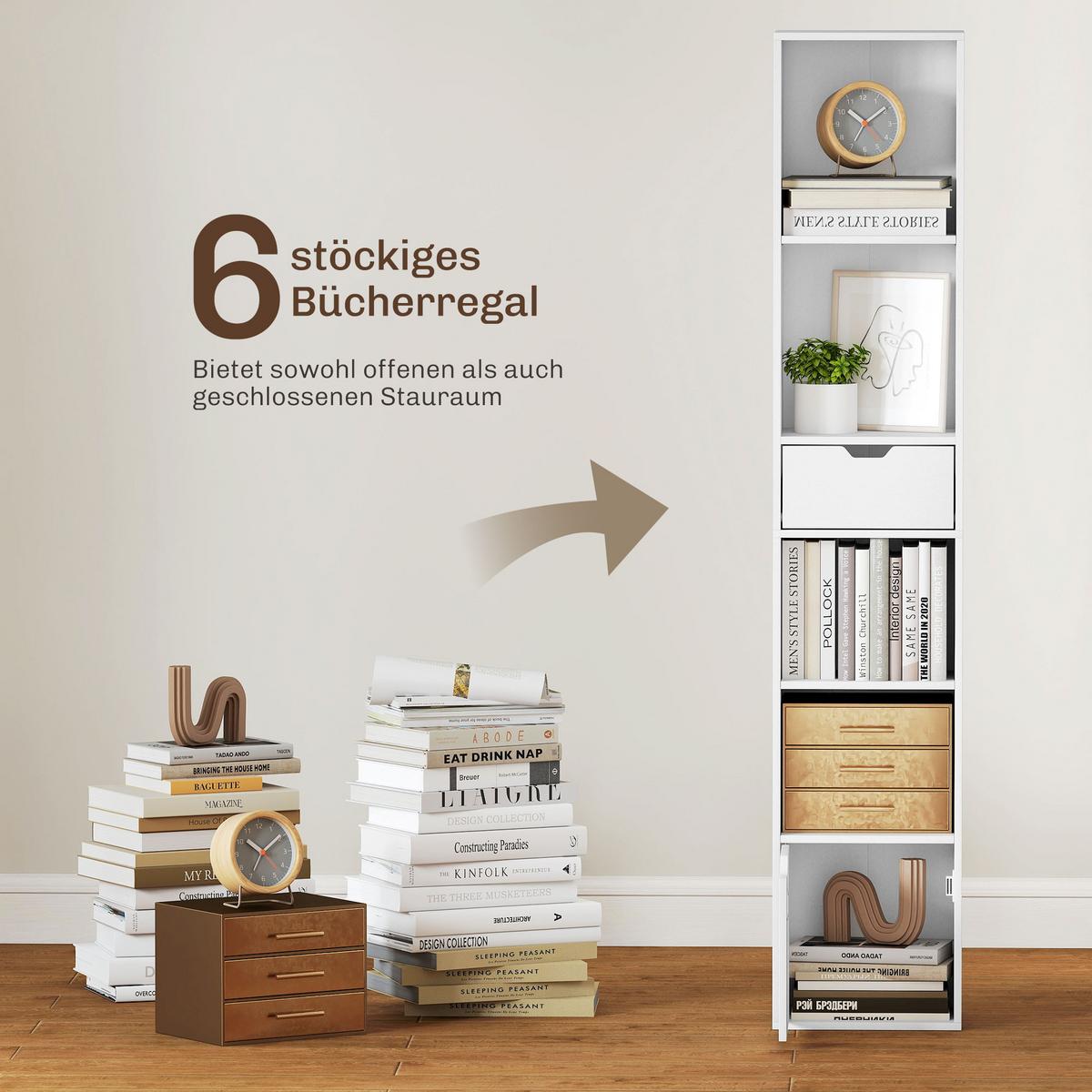 BÜCHERREGAL mit 6 Ebenen 3-stufig verstellbar mit Schublade Schranktür Weiß - Weiß, Holzwerkstoff (24/158/30cm) - HOMCOM