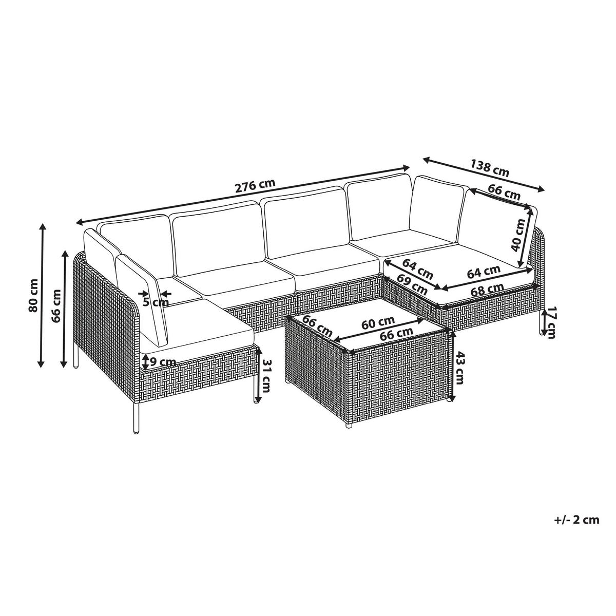 GARTENSOFA in U-Form 6-Sitzer modular Polyrattan Hellbeige Omegana - Beige/Schwarz, Kunststoff (276/80/138cm) - Beliani