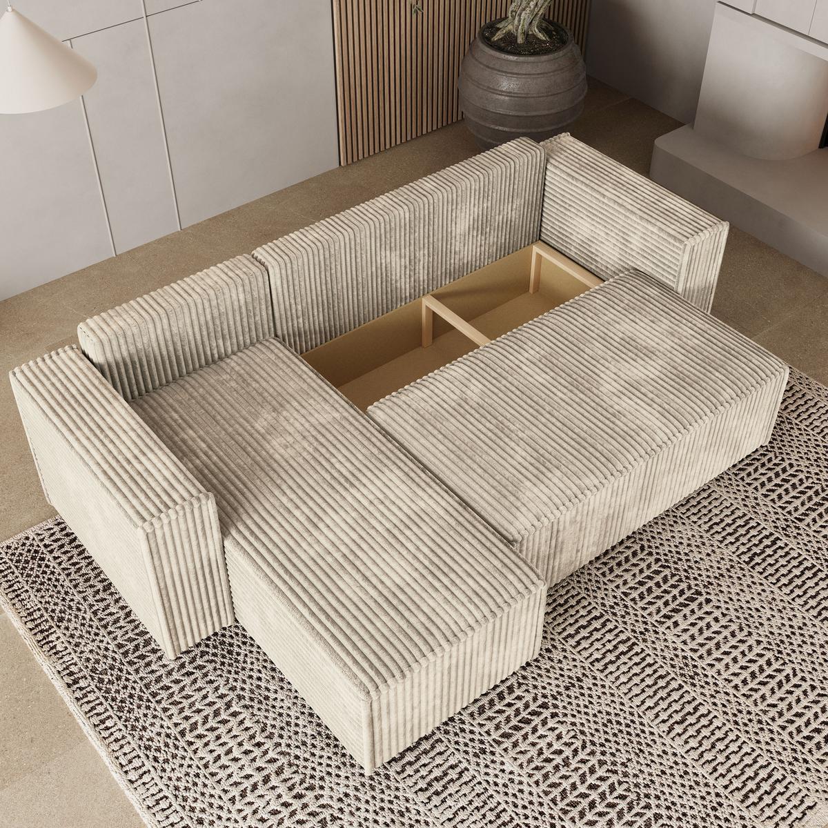 ECKSOFA RAVELO T Creme Kordstoff mit Schlaffunktion - Creme/Grau, Holz/Kunststoff (240/140cm) - MASSENO