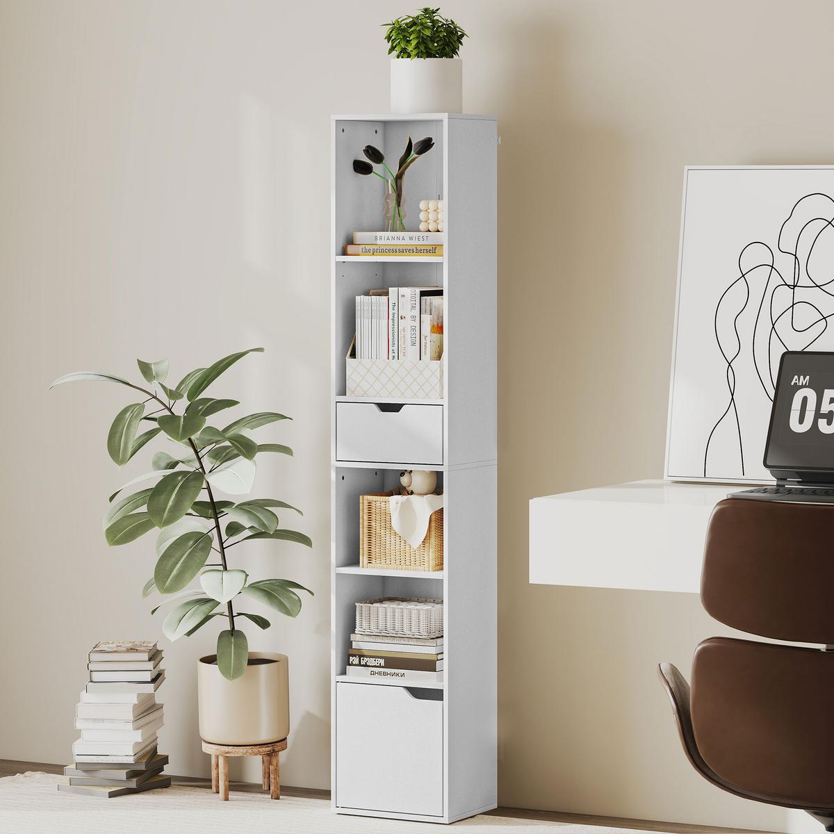 BÜCHERREGAL mit 6 Ebenen 3-stufig verstellbar mit Schublade Schranktür Weiß - Weiß, Holzwerkstoff (24/158/30cm) - HOMCOM