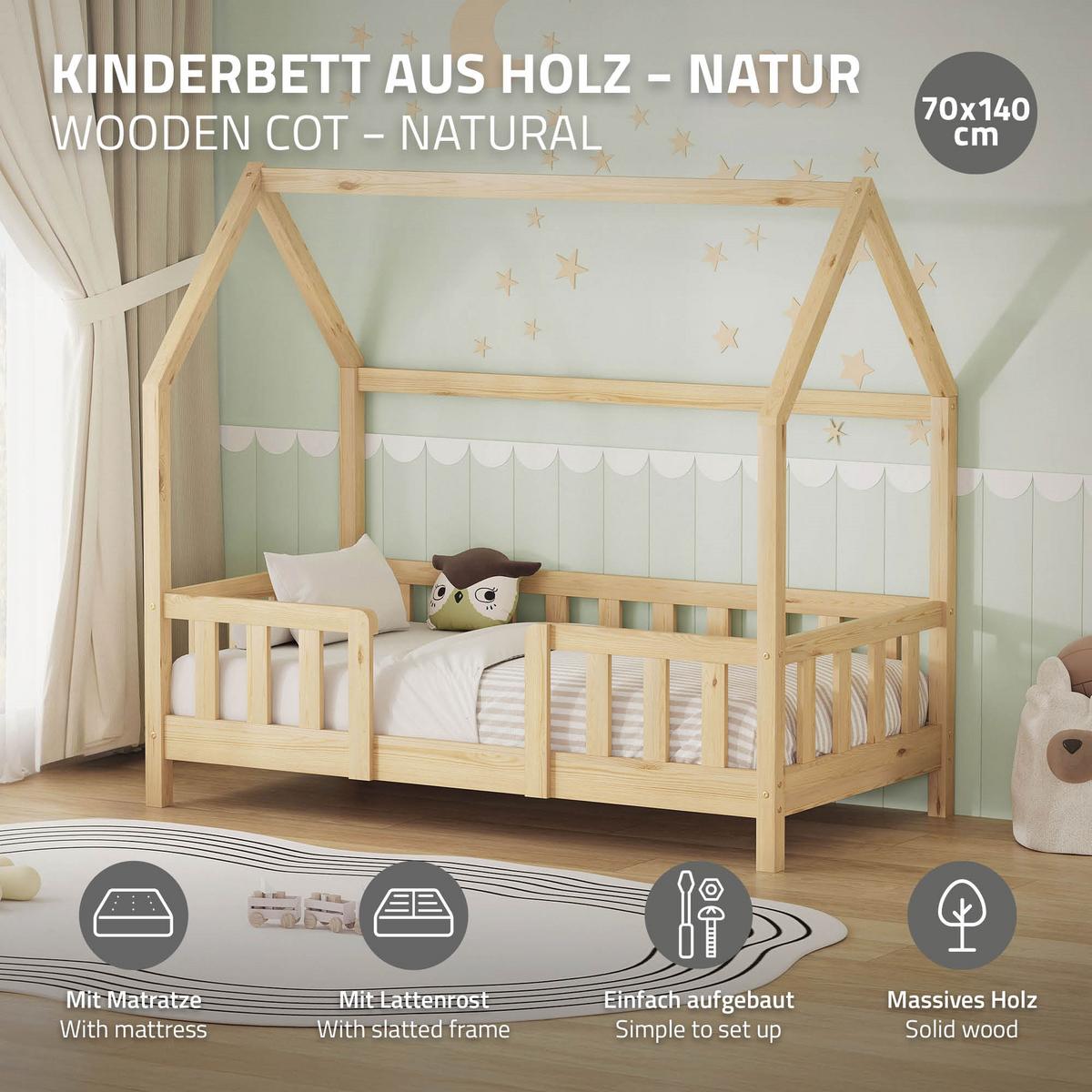 KINDERBETT 70x140 cm mit Matratze & Rausfallschutz Natur aus Kiefernholz - Naturfarben, Holz (70/140cm) - ML-DESIGN