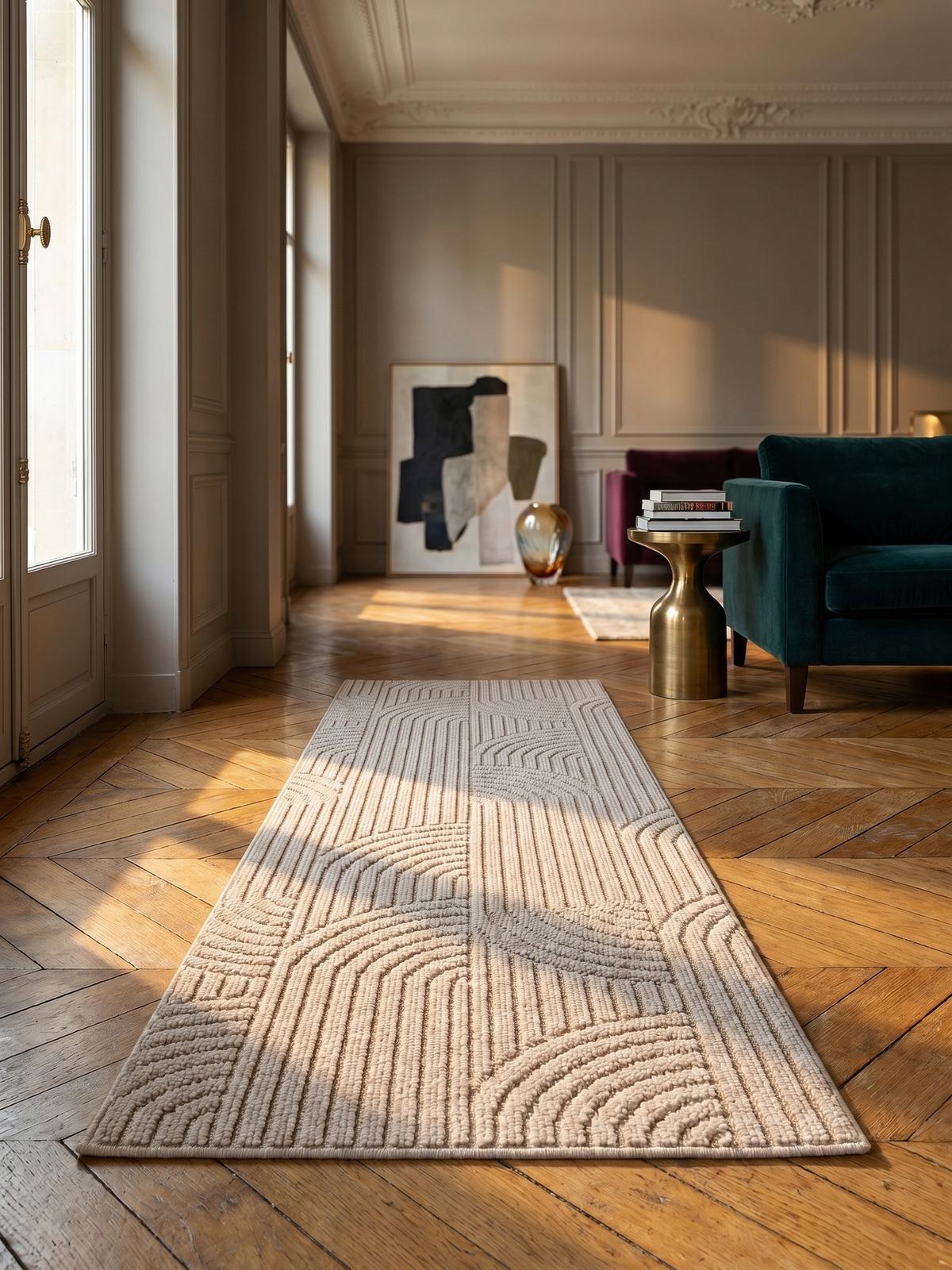 TEPPICH Flachgewebe LANGAU in Beige, mit geometrischen Bögen, 80 x 250 cm - Beige, Textil (250/80cm) - KADIMA DESIGN