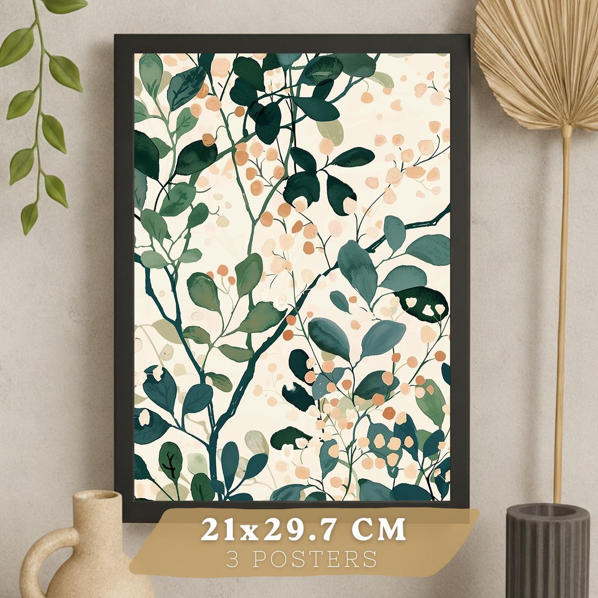 POSTER 3er-Set Wandbilder Floral Bäume modern Wohnzimmer Deko, Schlafzimmer, Küche, Badezimmer Schwarzer Rahmen A4 - Schwarz, Papier (29.7/1/21cm) - Nacnic