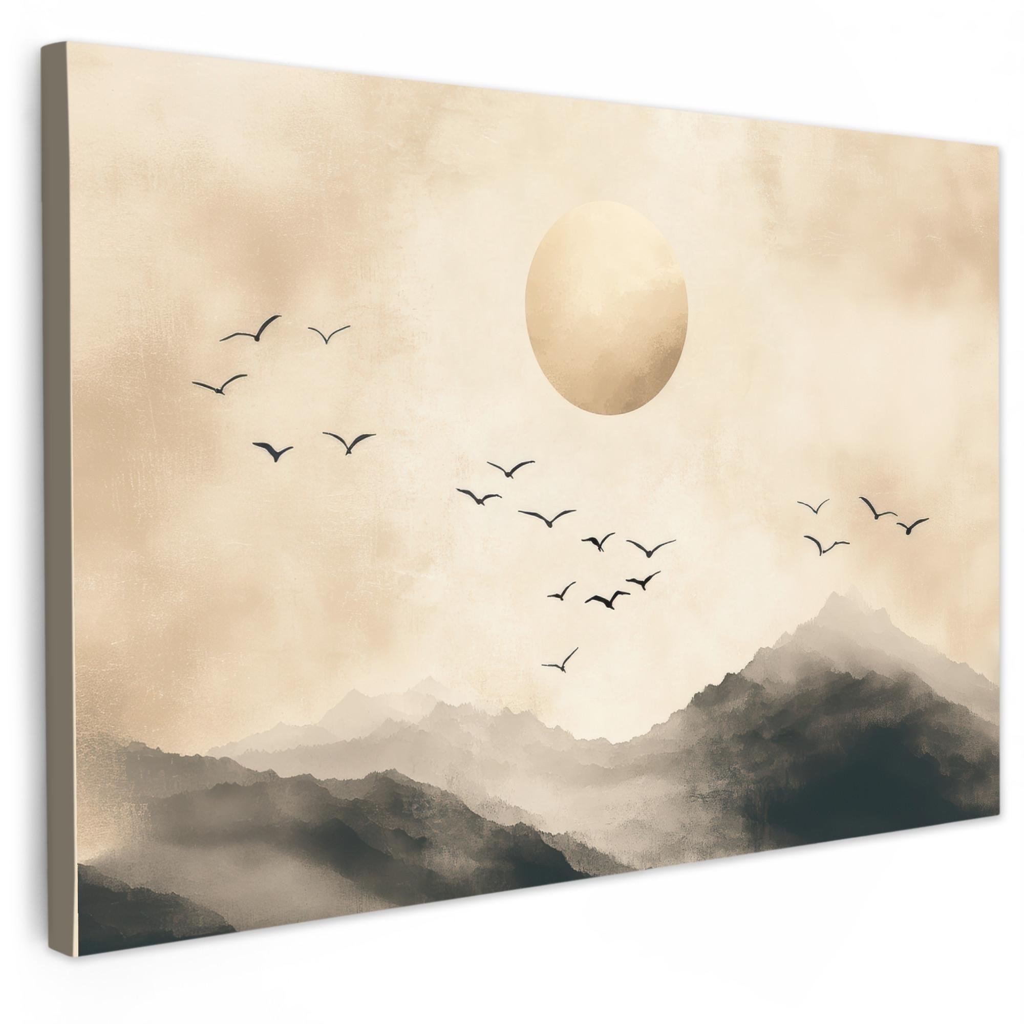 LEINWANDBILD Landschaft - Japandi - Vogel Wohnzimmer Groß 120x80 cm - Beige, Textil (120/80cm) - MuchoWow