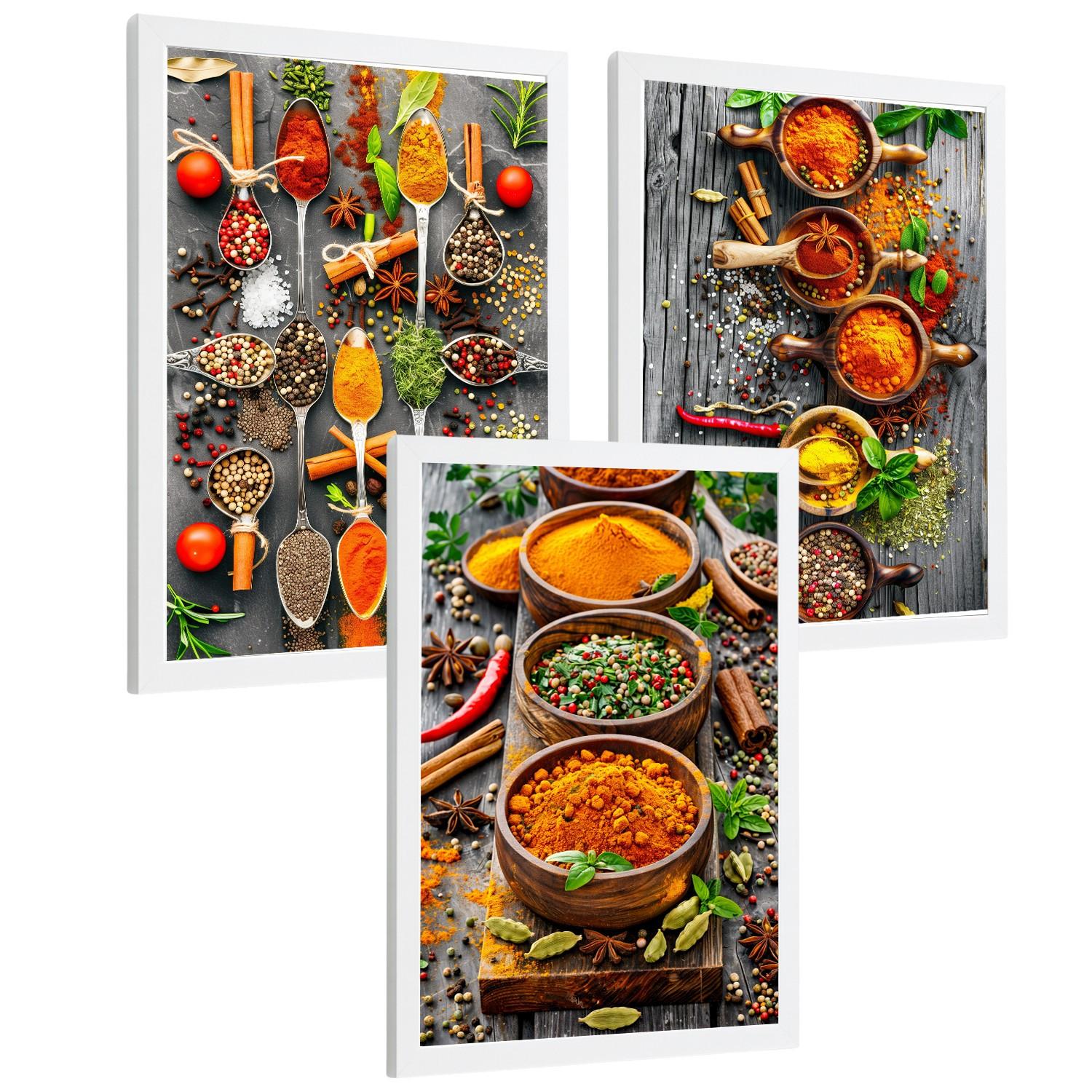 POSTER 3er Set Gewürze und Kräuter Wandbilder Aromatische Zutaten Food Fotografie Küche Esszimmer Deko Weißer Rahmen A3 - Weiß, Papier (29.7/1/42cm) - Nacnic
