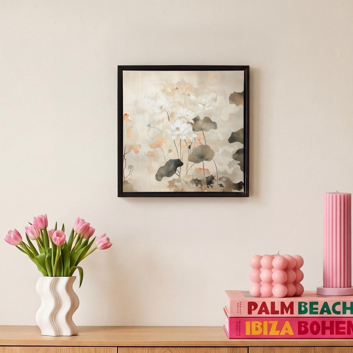 LEINWAND Bilder mit Rahmen - Blumen - Japandi - Wabi sabi - 20x20 - Sandfarben, Textil (20/20cm) - MuchoWow