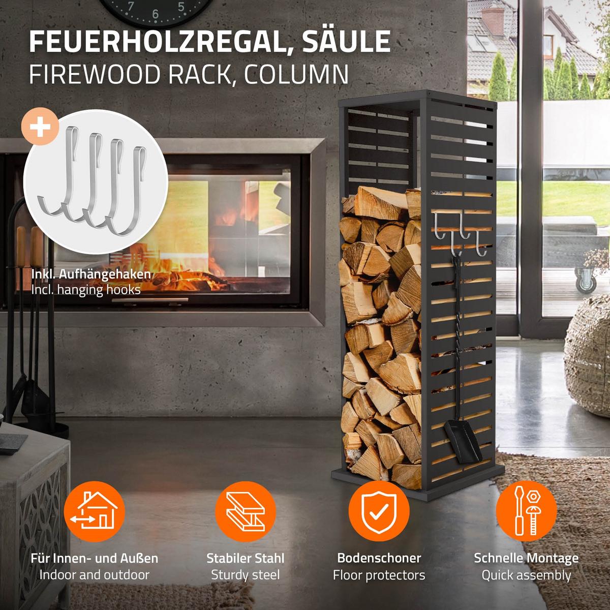 KAMINHOLZREGAL Innen Außen Brennholzregal 37,5x37,5x112 cm Stahl Verzinkt Anthrazit Schlitz-Motiv - Anthrazit, Metall (37.5/112/37.5cm) - ML-DESIGN
