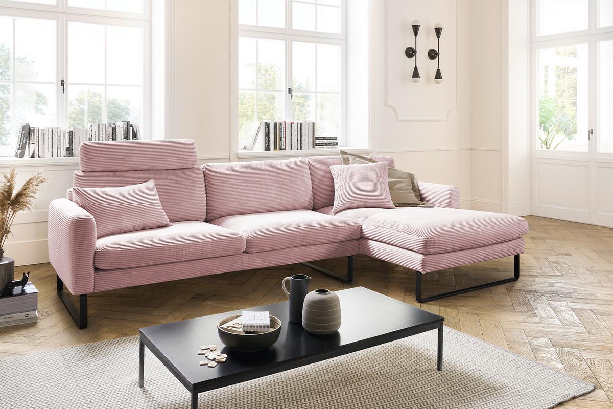 ECKSOFA RICARDA Pink Cord - Schwarz/Rosa, Textil/Metall (298/154cm) - KAWOLA
