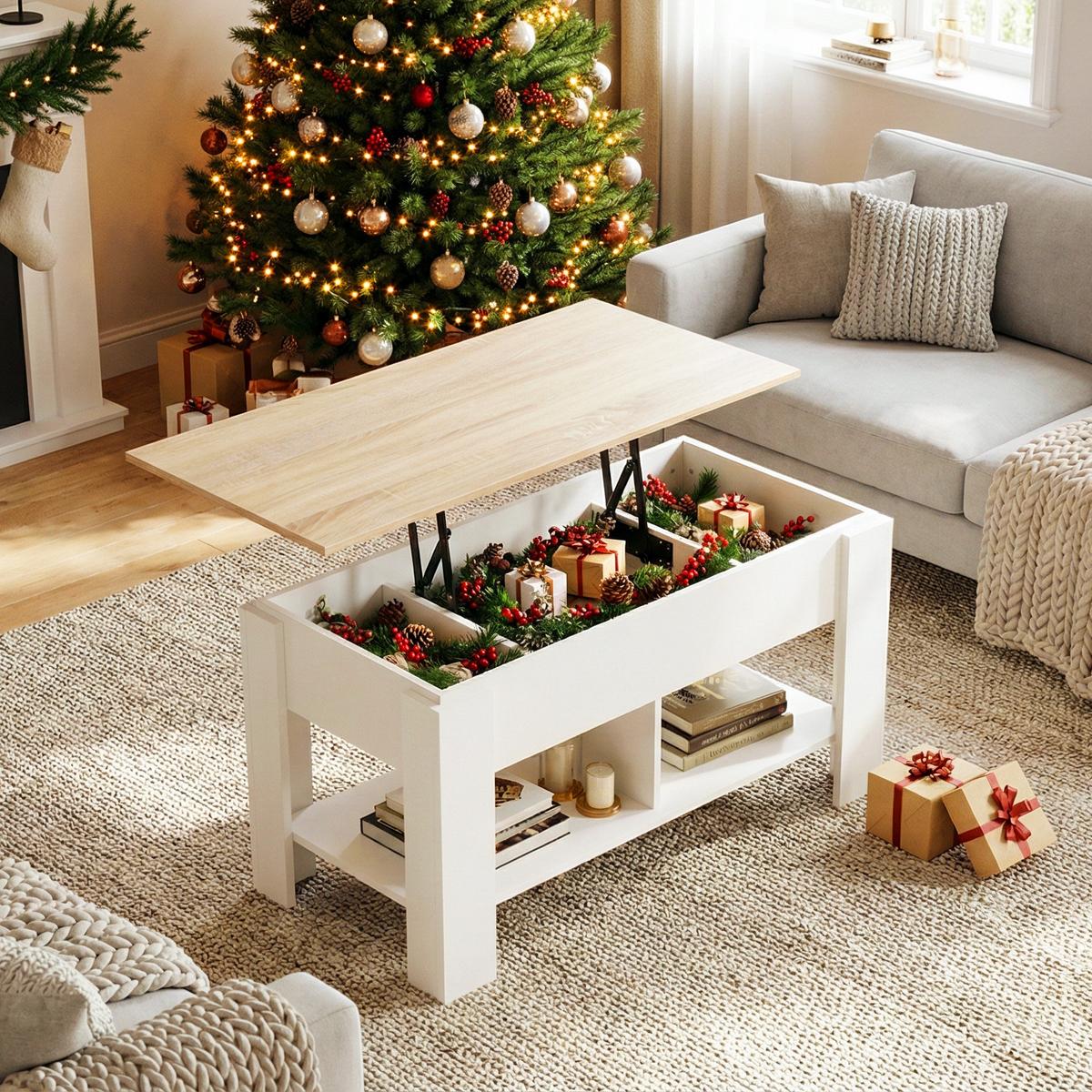 COUCHTISCH mit Lift-Top, Stauraum und Ablagefach, Weiß/Eiche - Goldfarben/Weiß, Holz (96/50/47cm) - Urban Meuble