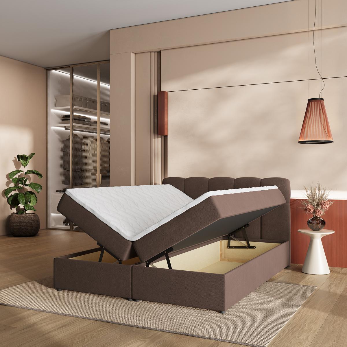 BOXBETT MERU 160x200 cm mit Matratze und Topper - Braun - Braun, Holz (160/200cm) - MASSENO