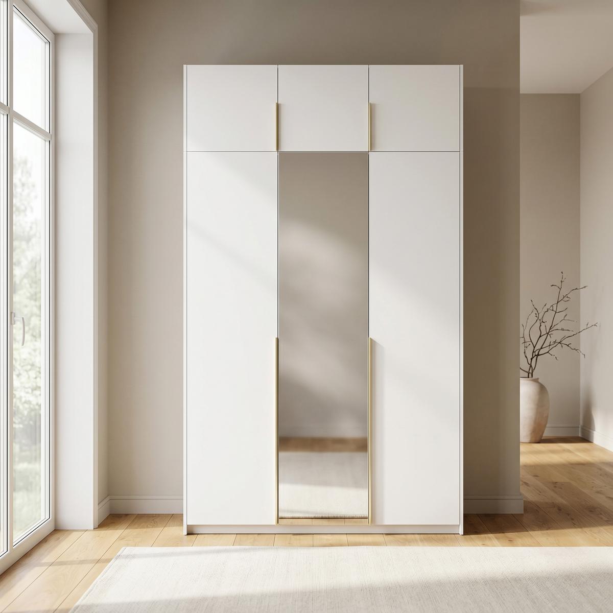 DREHTÜRENSCHRANK THALIA 148/250/58cm 3-türig mit Spiegel Weiß - Weiß, Holzwerkstoff (148/250/58cm) - MASSENO