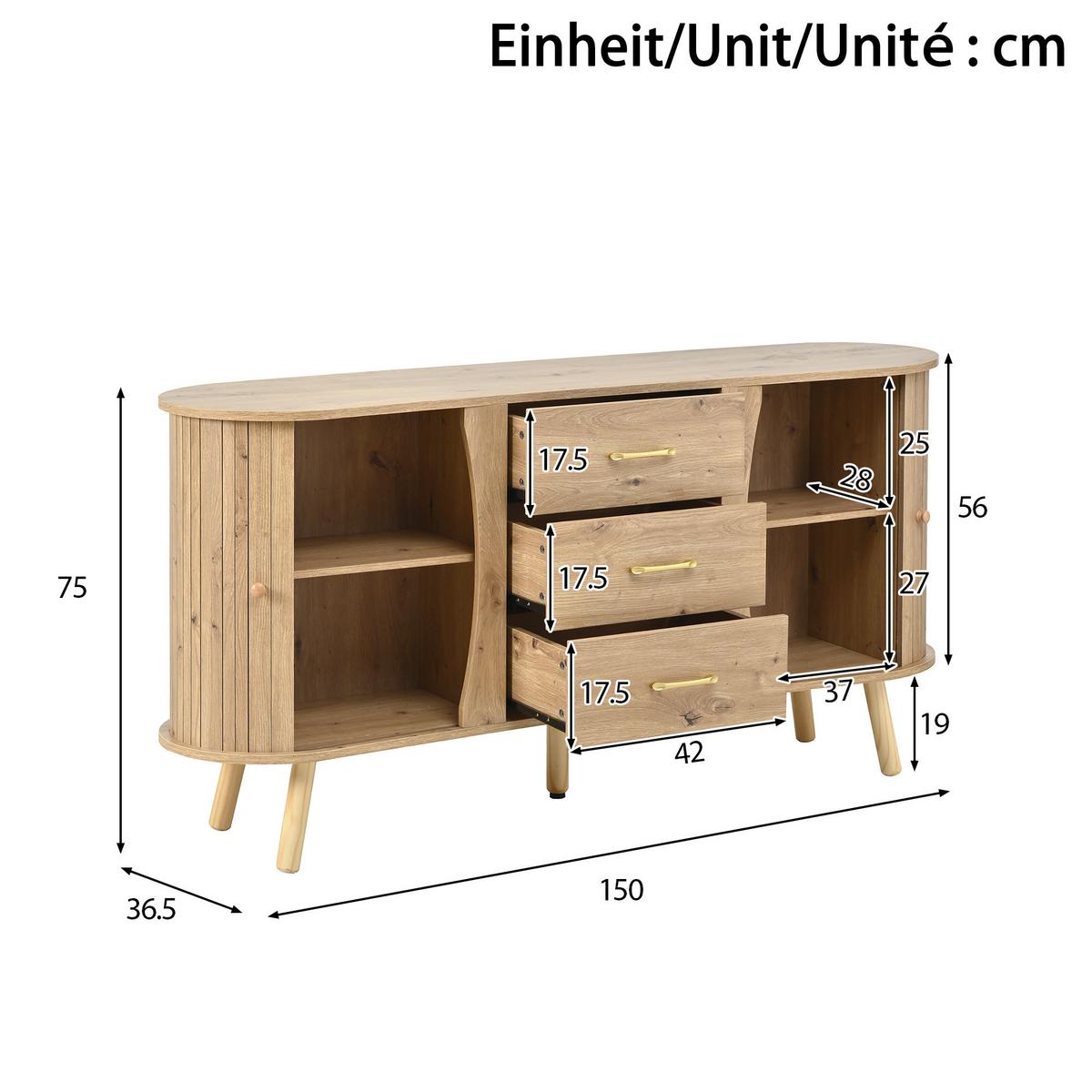 SIDEBOARD holzoptik & erbsenform 2 schiebetüren & 3 schubladen - Naturfarben, Holzwerkstoff (150/75/36.5cm) - Urban Meuble