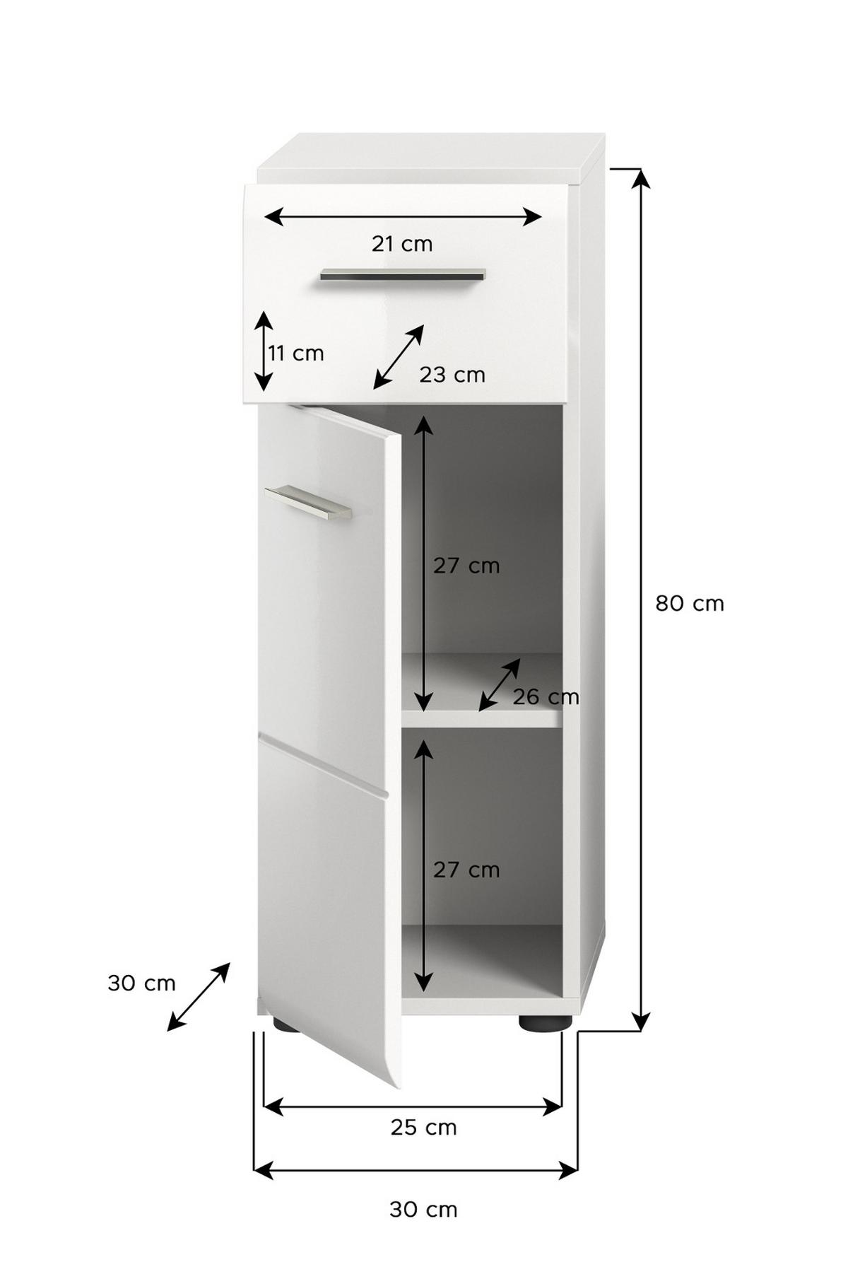 BADKOMMODE weiß Hochglanz, Badezimmer Schrank 30 x 80 cm - Weiß Hochglanz/Silberfarben, Holzwerkstoff/Kunststoff (30/80/30cm) - Inn.Furn