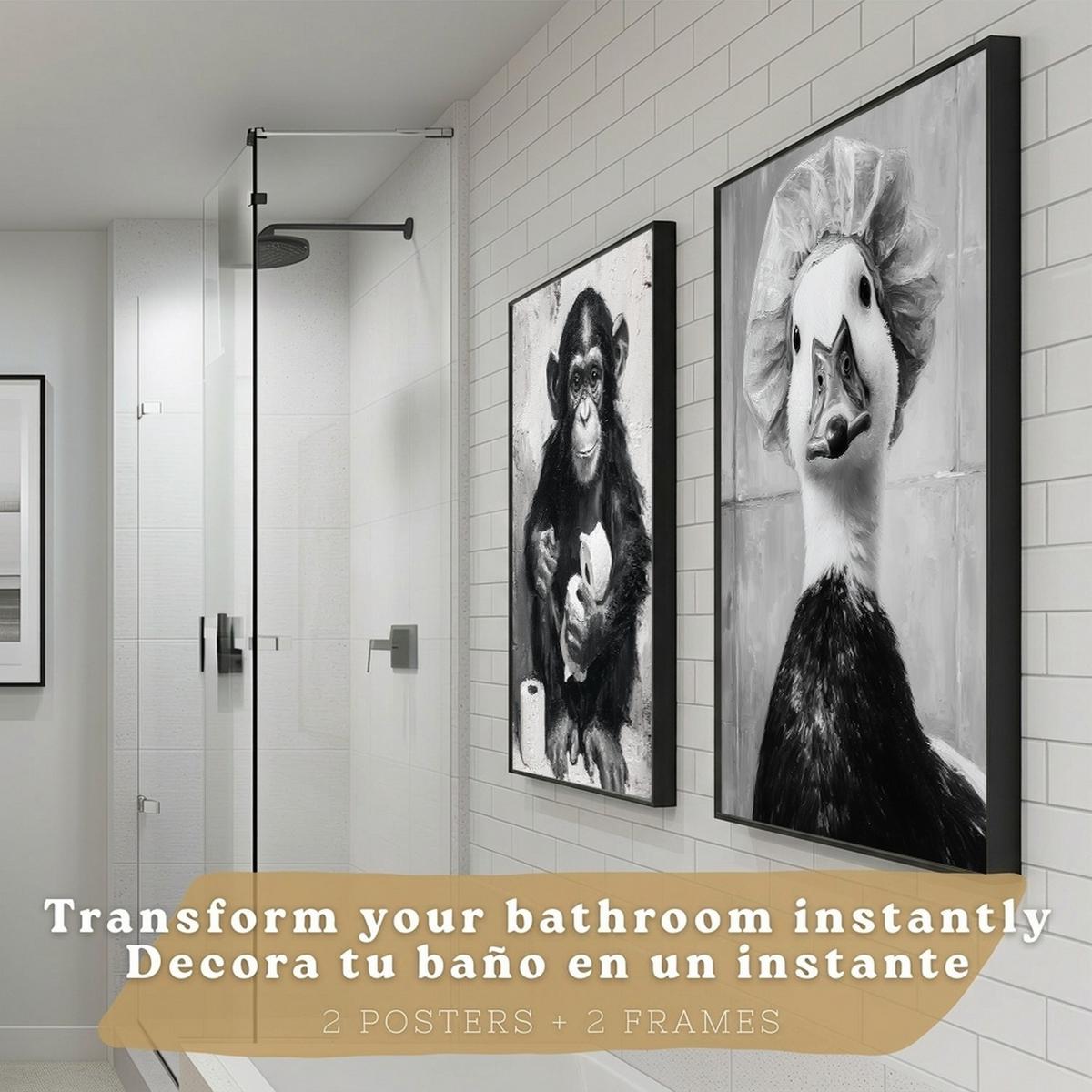 POSTER 2er-Set lustige Tiermotive in Schwarz-Weiß fürs Badezimmer, witzige für Toilette, Bad, minimalistischer Stil Schwarzer Rahmen A3 - Schwarz, Papier (42/29.7/3cm) - Nacnic