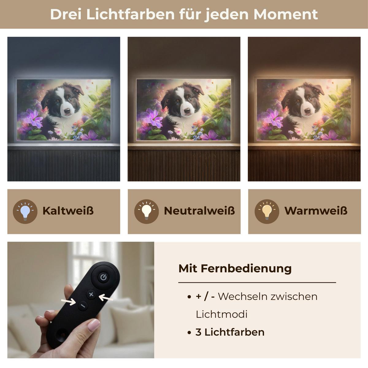 NACHTTISCHLAMPE MIT AKKU Welpe - Sonne - Blumen - Natur - Border Collie - Hund 60x40 cm - Violett, Holzwerkstoff (8/60/40cm) - OnlyWow